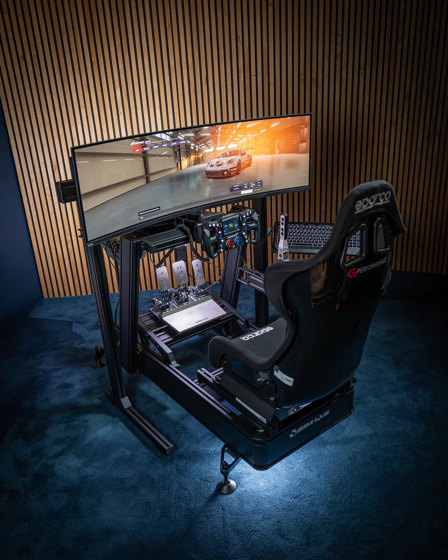 Sim-Lab P1X Pro sim racing cockpit with a curved monitor, racing seat and direct drive wheelbase