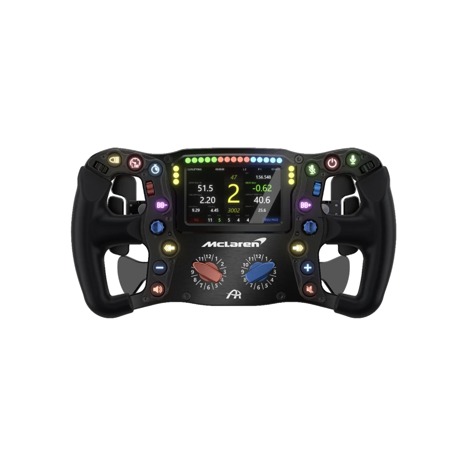 Professional-grade sim racing wheel with advanced controls and display, ideal for perfecting your driving setup.