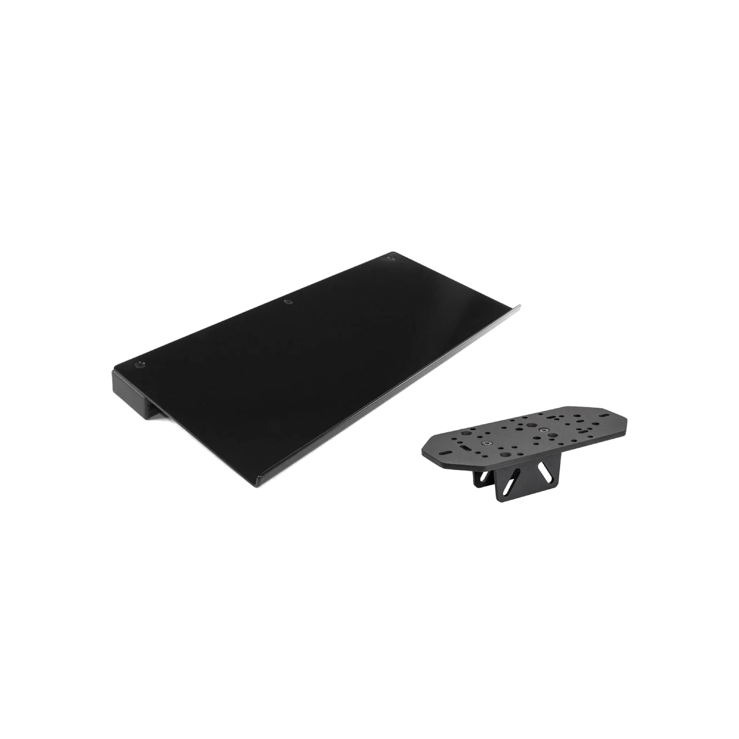 Black cockpit accessories including a sleek panel and mounting bracket designed for cockpit customization and enhancement.