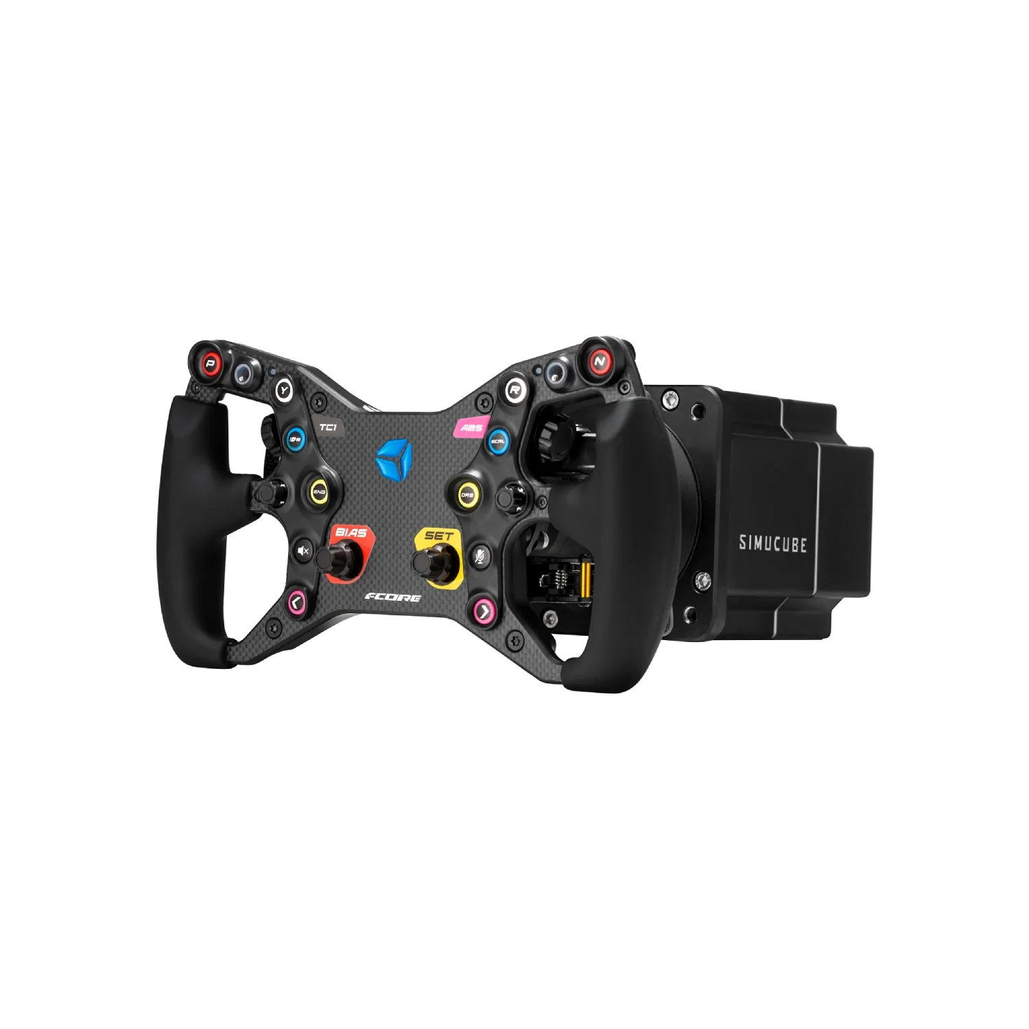 Sim racing gear bundle featuring a high-end sim wheel and wheelbase from Simucube, ideal for professional-quality setups.