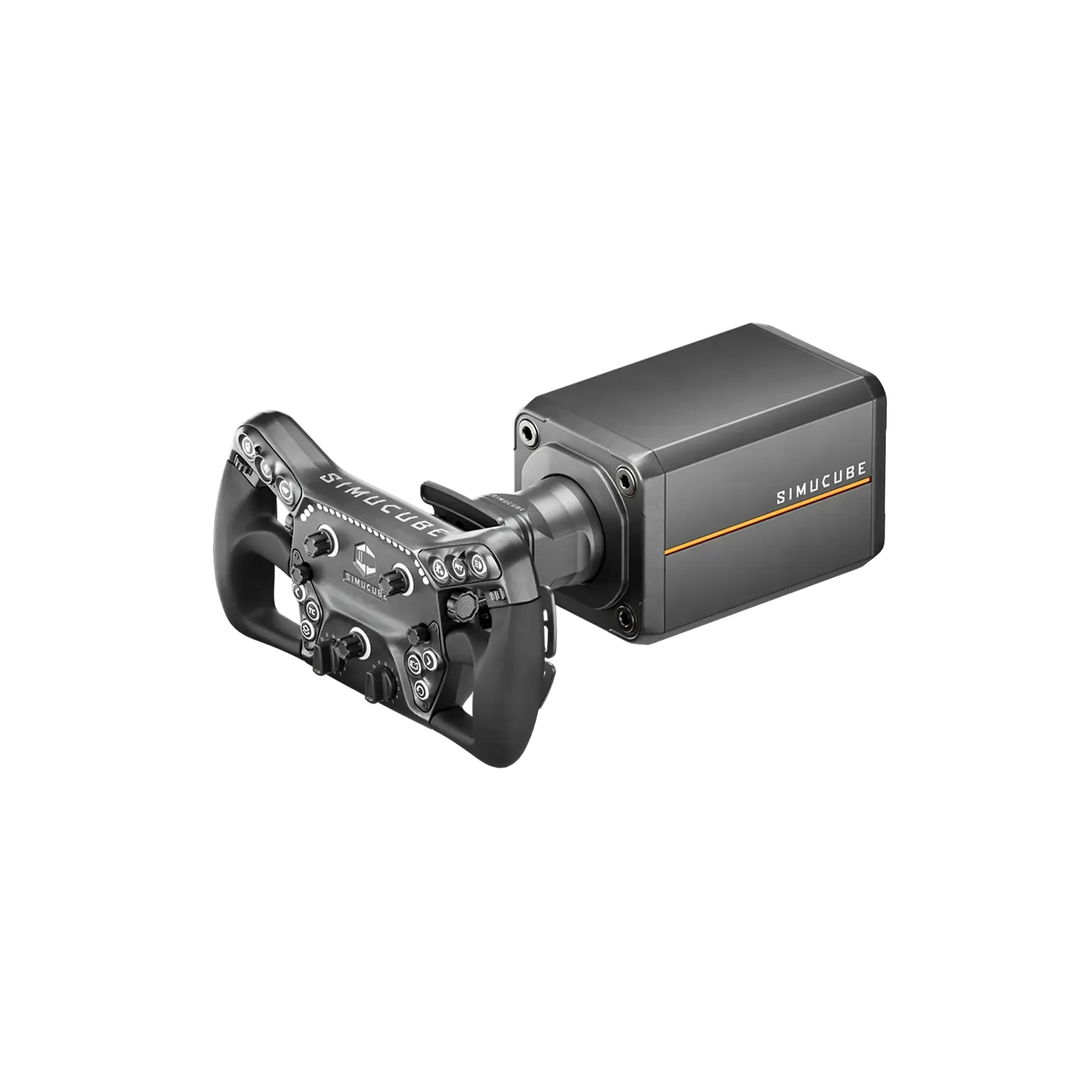 Sim racing gear bundle featuring a high-end sim wheel and wheelbase from Simucube, ideal for professional-quality setups.