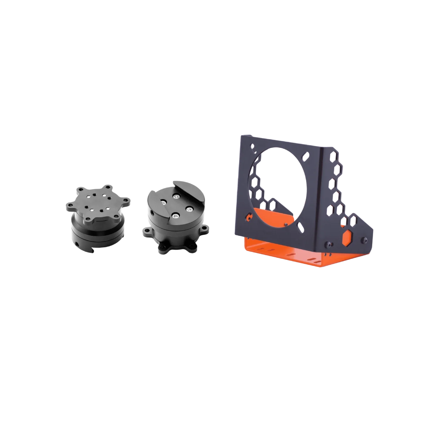 Wheelbase accessories including mounting brackets and adapters on a white background.