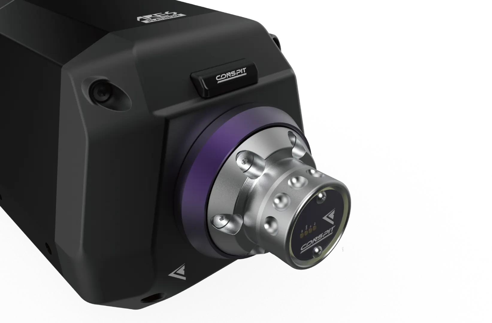 Conspit CDR quick release and front POGO expansion contacts on the ARES Platinum wheelbase