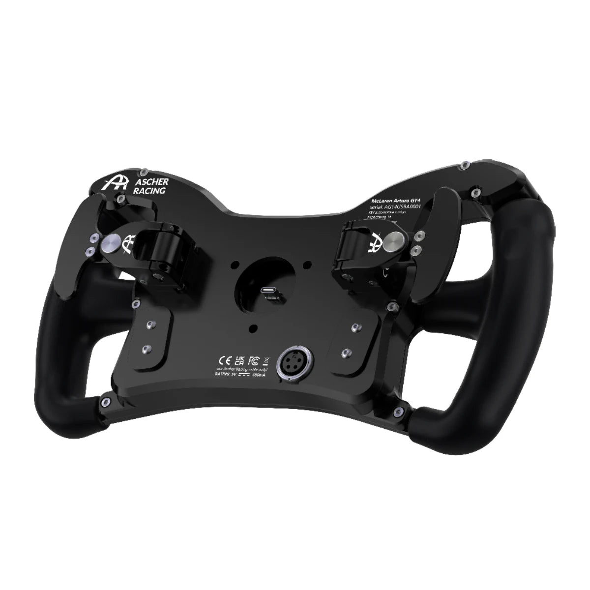 Ascher Racing McLaren Artura GT4 steering wheel, 300mm diameter, USB connection for PC, features real-racing components.