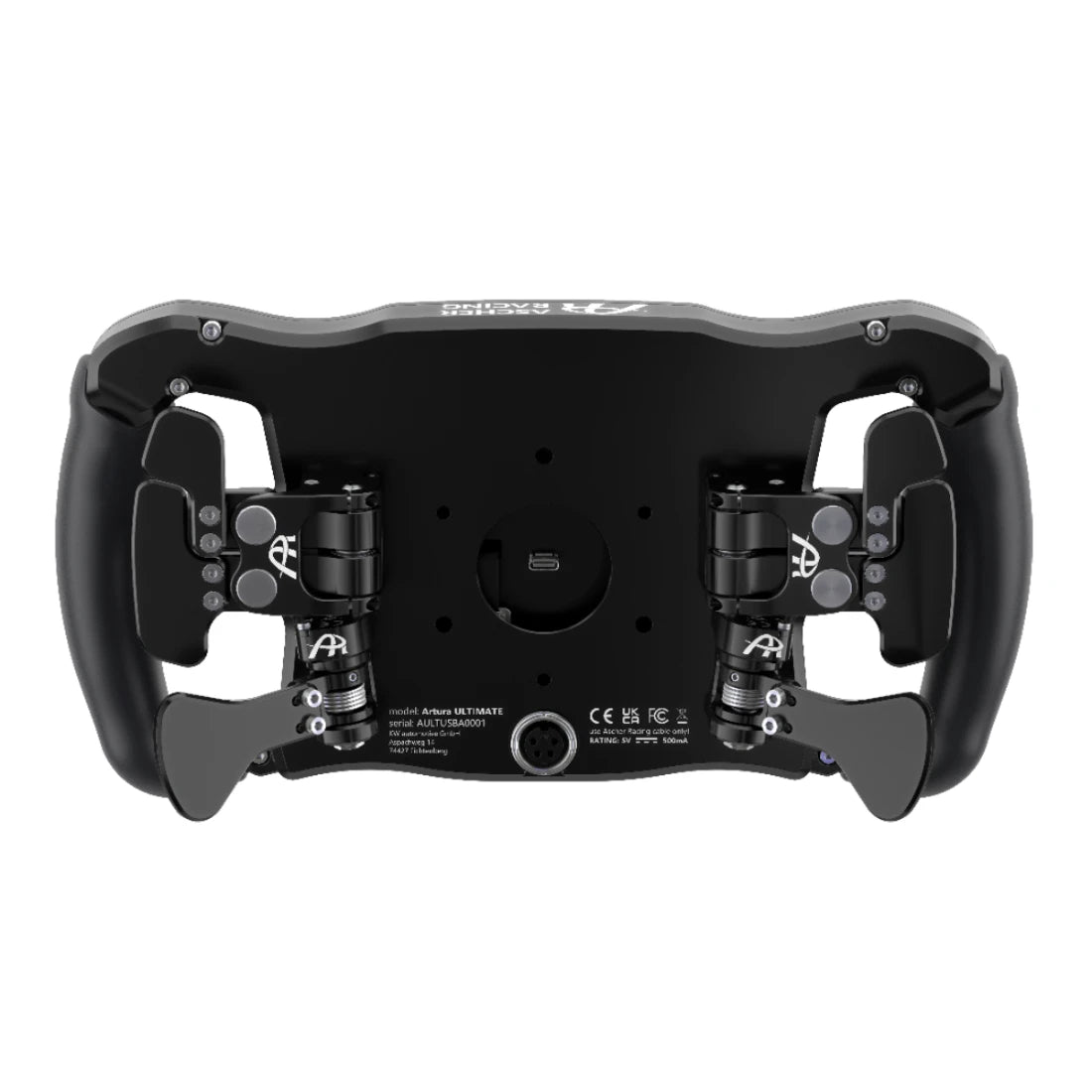 Back view of Ascher Racing McLaren Artura Ultimate steering wheel with USB connection, 300mm diameter, for PC.