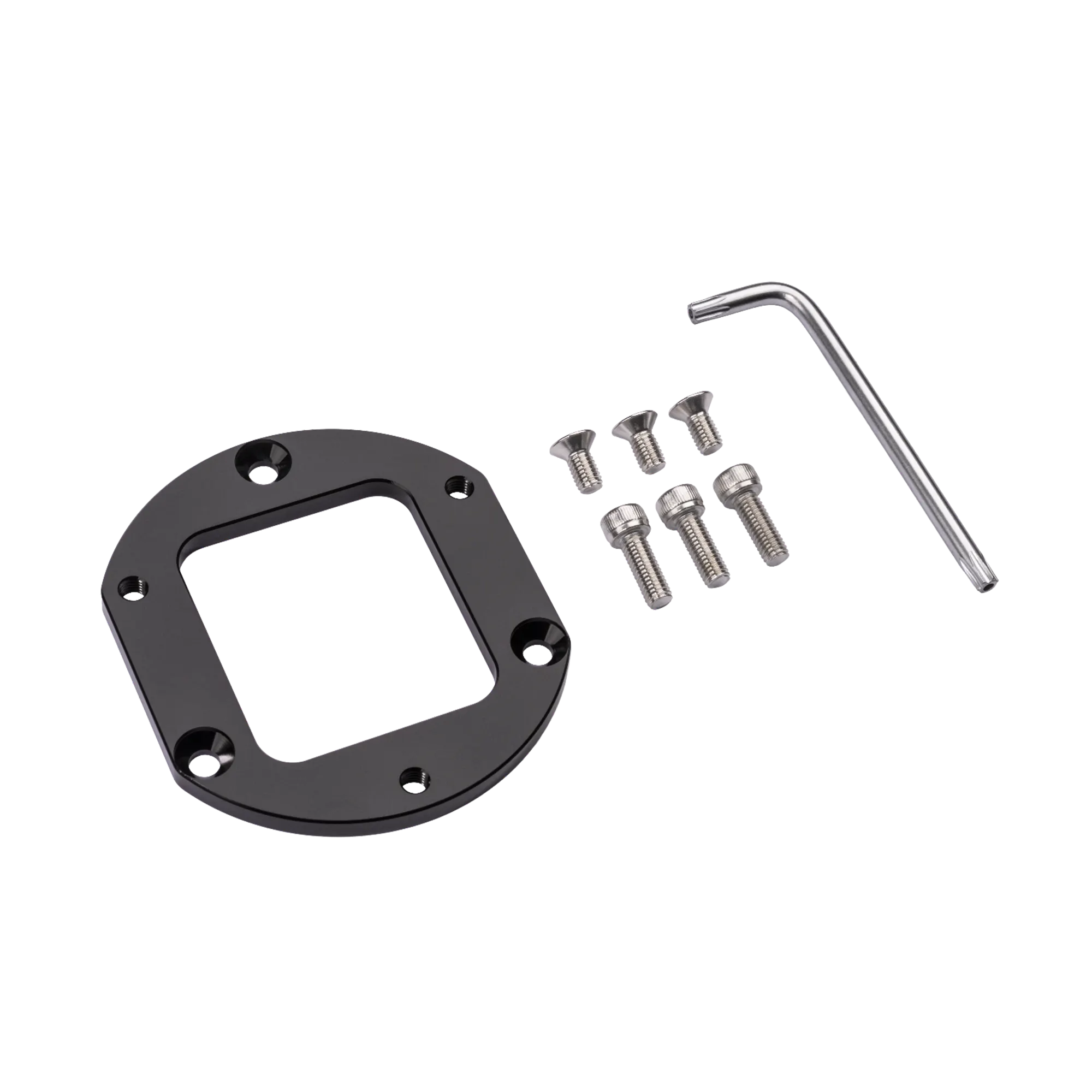 Ascher Racing Simucube 3 Quick Release Mounting Adapter with screws and wrench, CNC machined aluminum, compatible with Ascher Racing wheels.