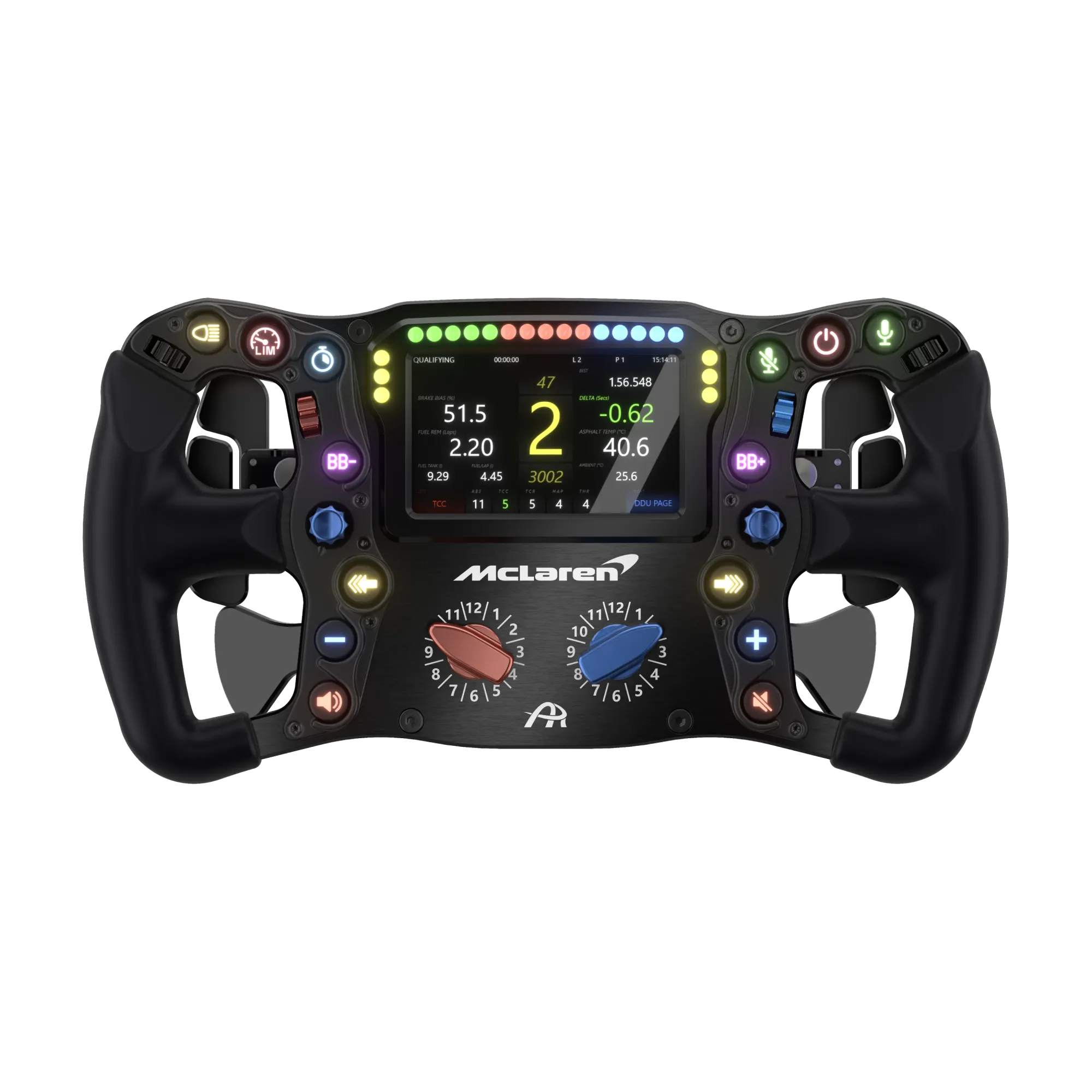 Ascher Racing McLaren Artura Ultimate steering wheel with 4-inch display, 350 lm brightness, USB PC connection, 300mm diameter.
