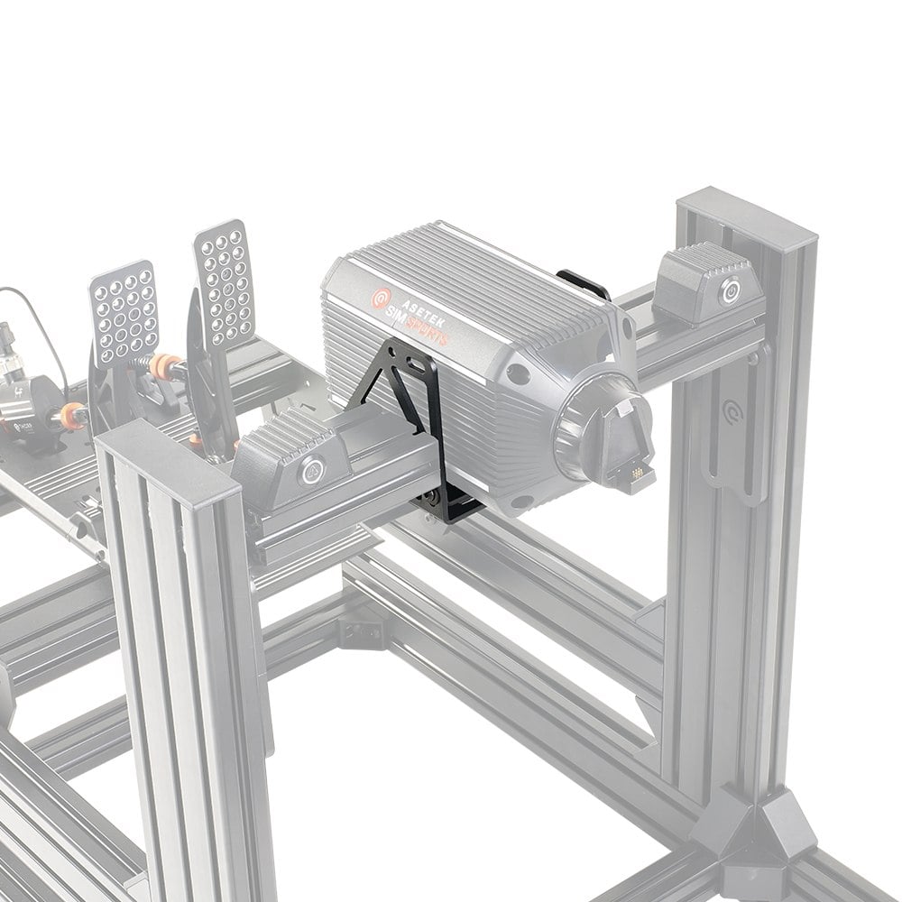 Asetek SimSports® Side Mount with Tilt attached to sim racing rig, showcasing adjustable wheelbase positioning.