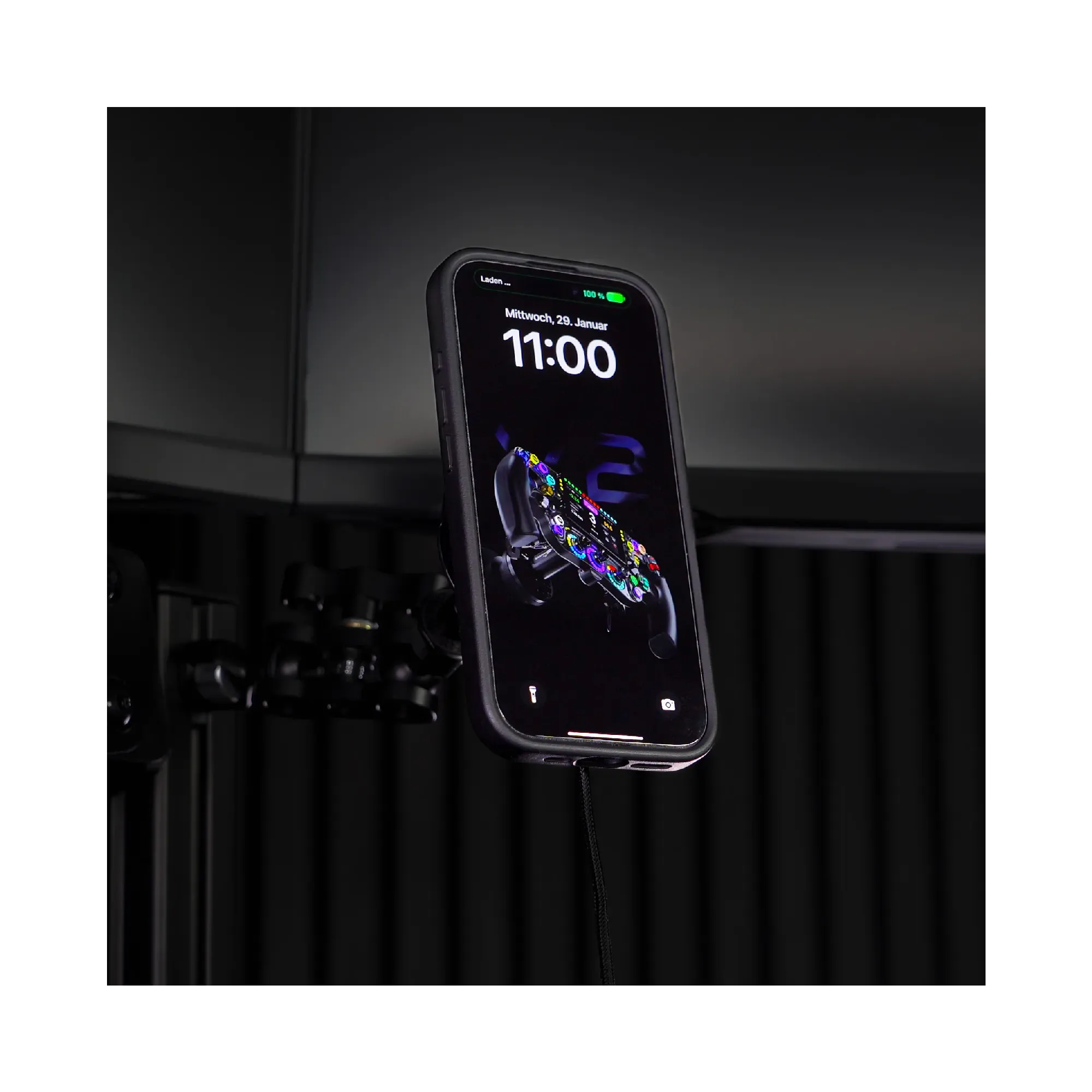 BavarianSimTec PitPower MagLock magnetic iPhone mount with built-in 65W charging, securely holds iPhone 12 or newer compliant with MagSafe.