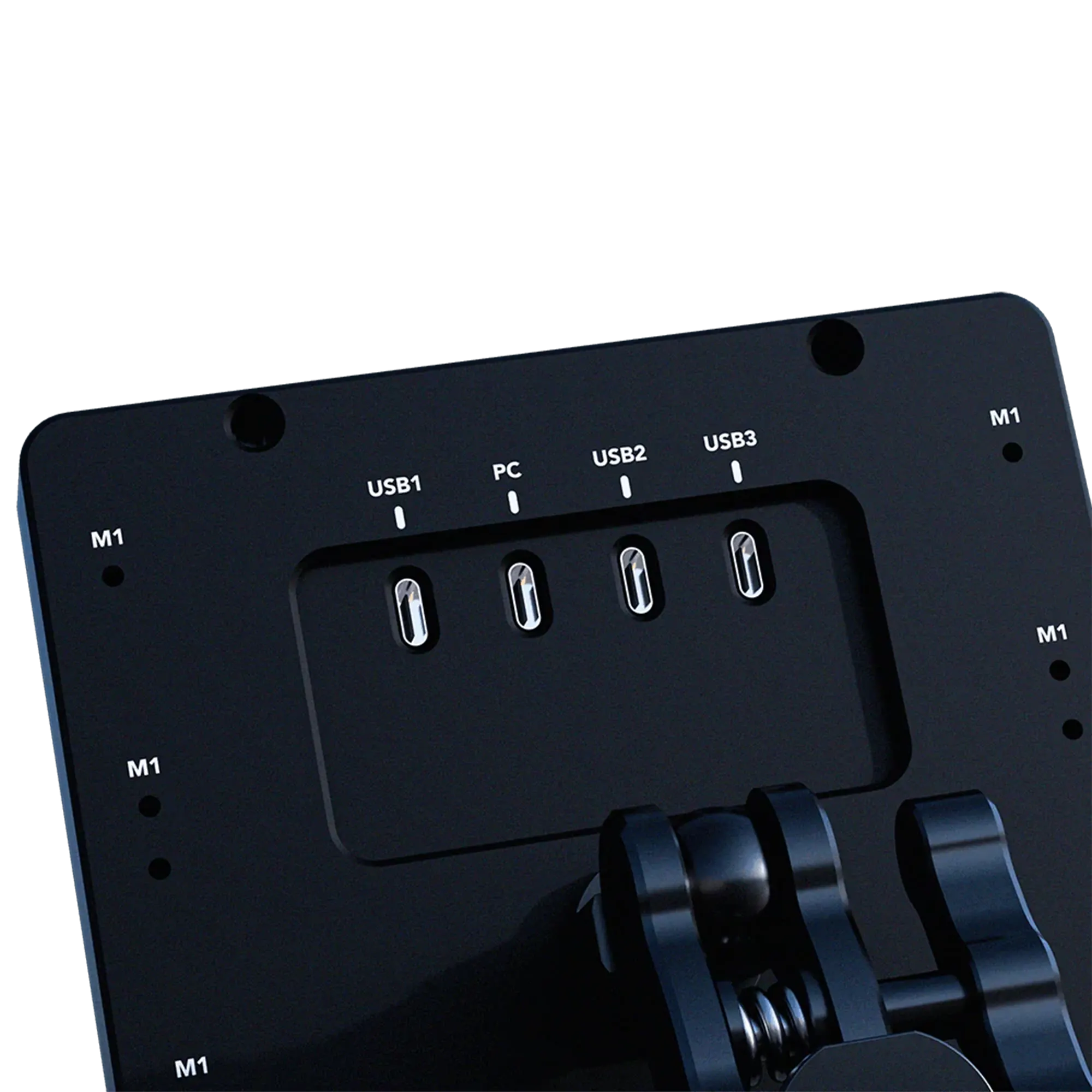 BavarianSimTec Control Center with USB-C ports, CNC machined aluminum, Magic Arm for 360° adjustment, and SimHub compatibility.