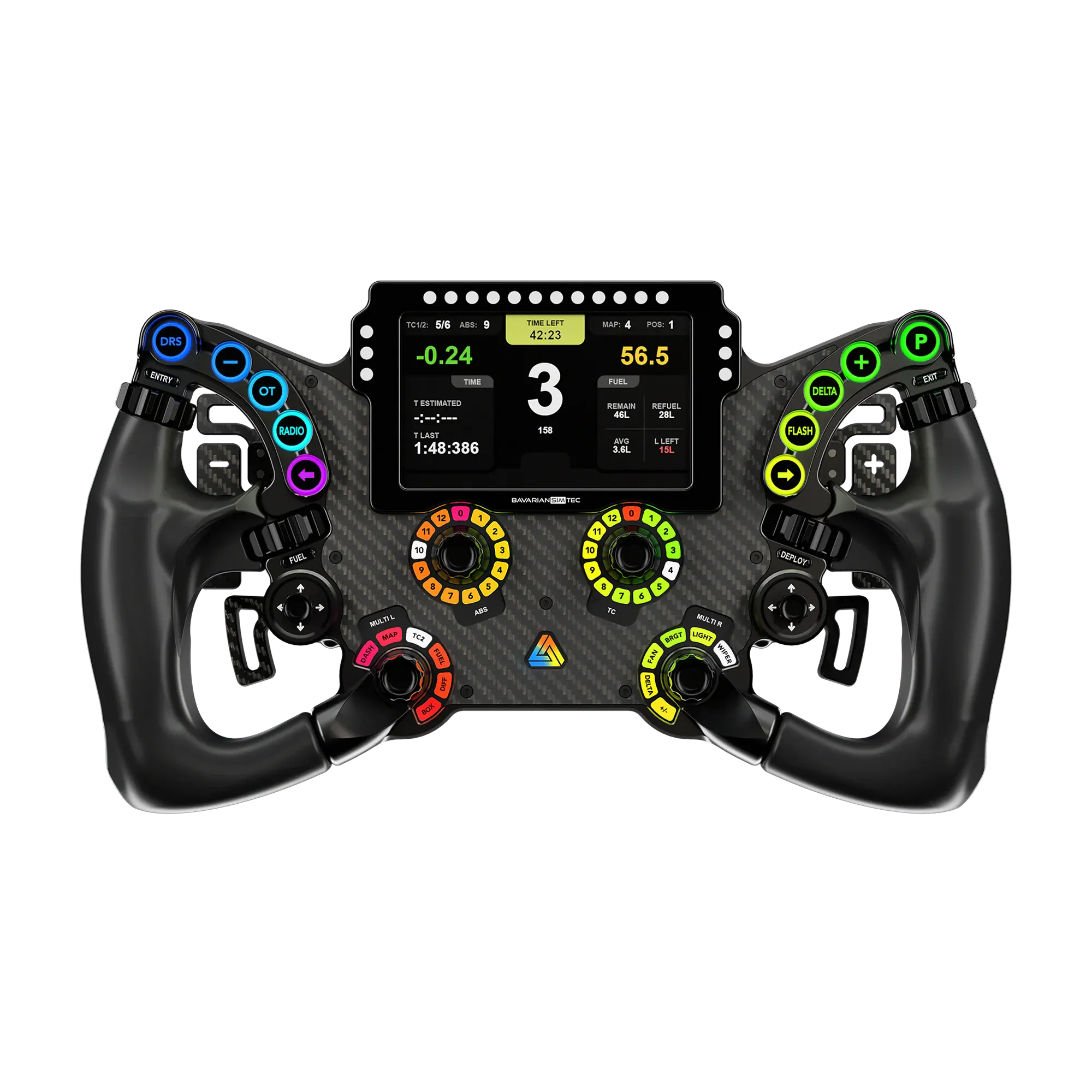 BavarianSimTec Delta PRO racing wheel with ergonomic grips and customizable features for immersive sim racing experience