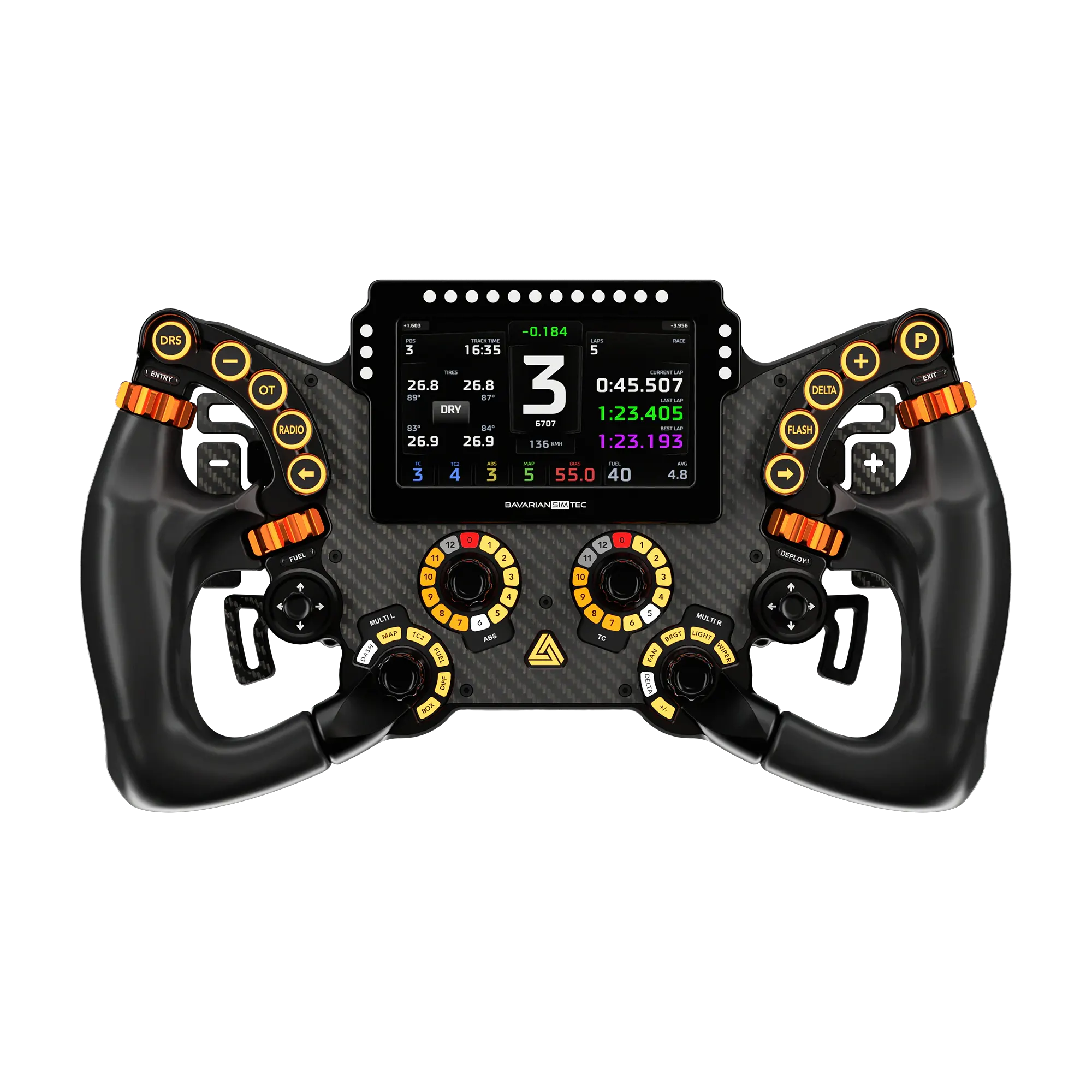 BavarianSimTec Delta Pro SC racing wheel with touchscreen, showcasing features like Simucube Link Quick Release and seamless wireless connectivity.