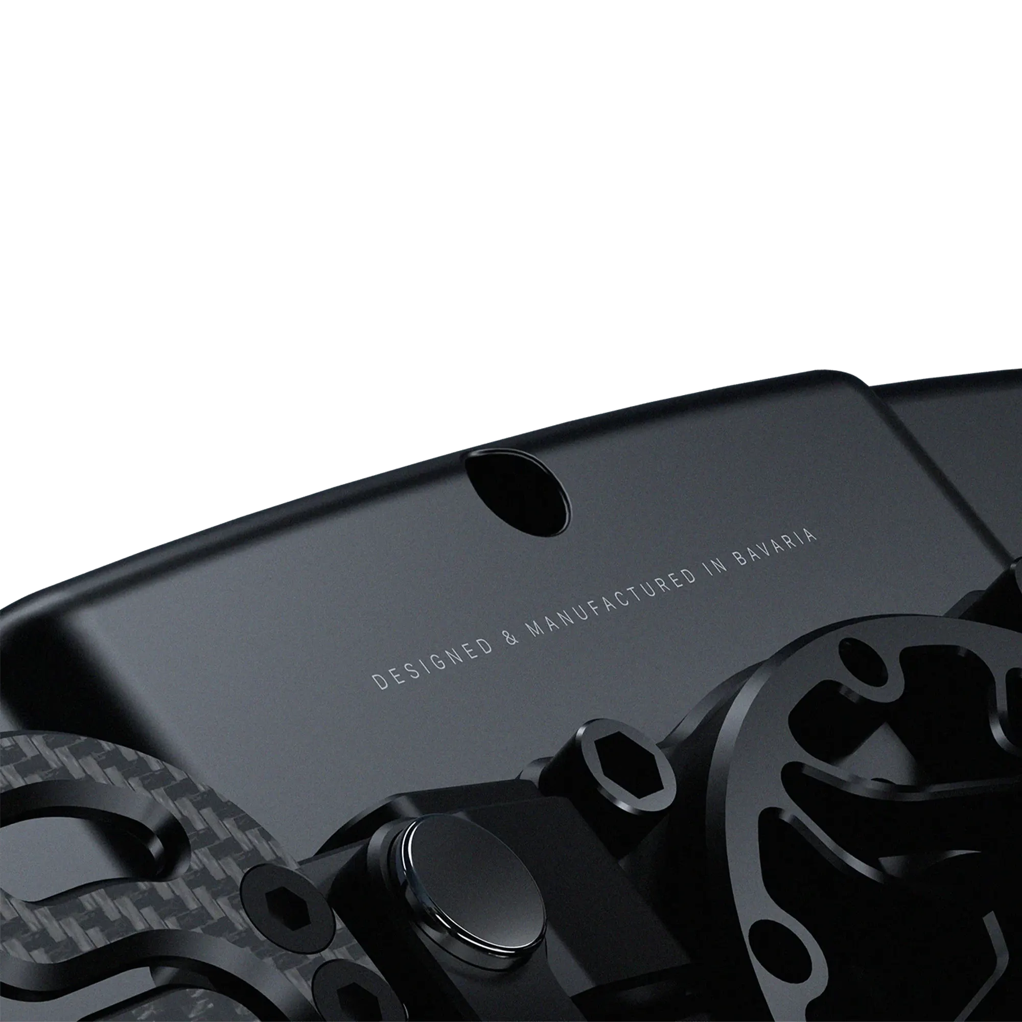 BavarianSimTec OmegaPRO v2 steering wheel with CNC-machined aluminium design, LCD screen, and dual-clutch paddles.