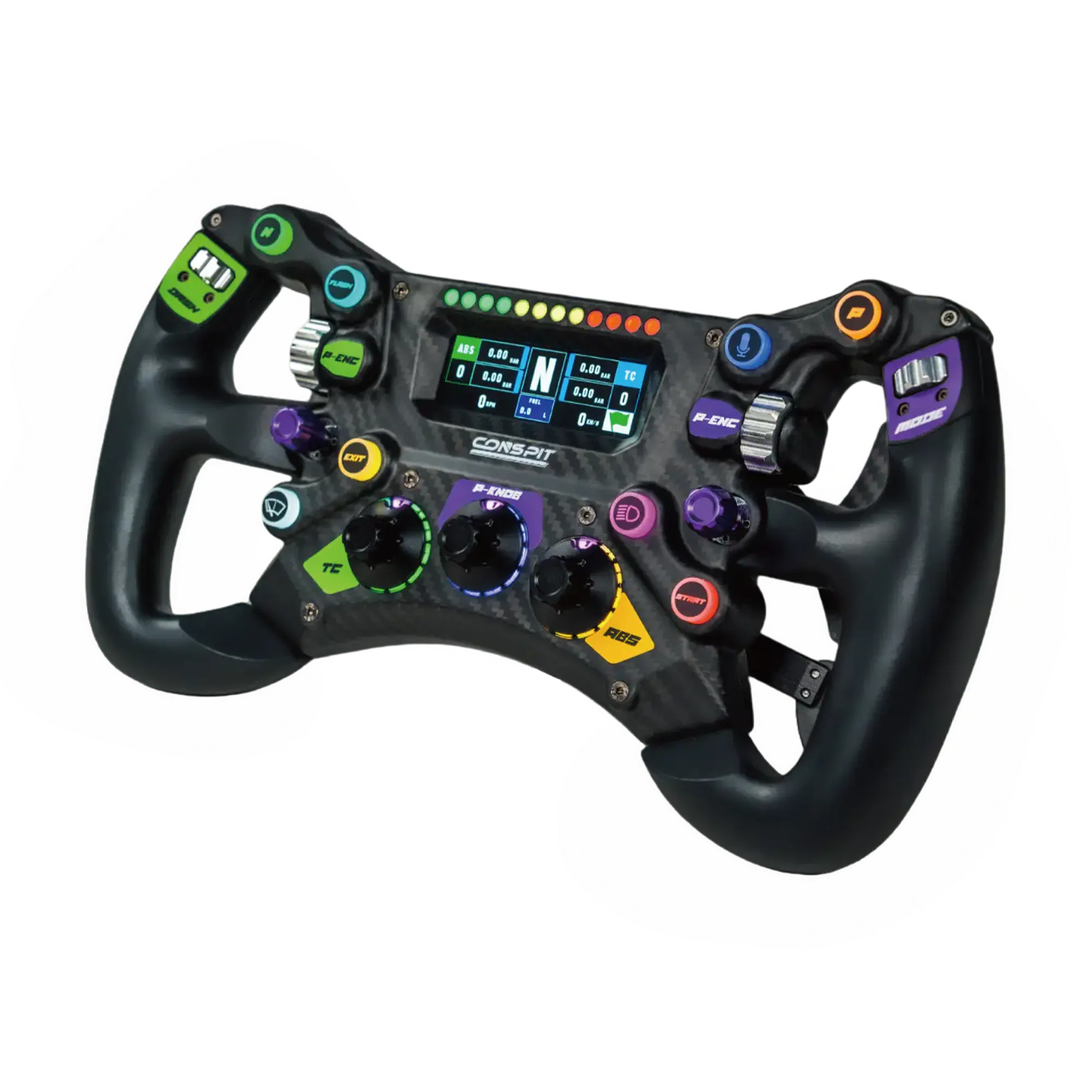 Conspit 300 GT racing wheel with carbon fiber build, 300mm diameter, RGB lighting, display, and magnetic shifters for sim racing.