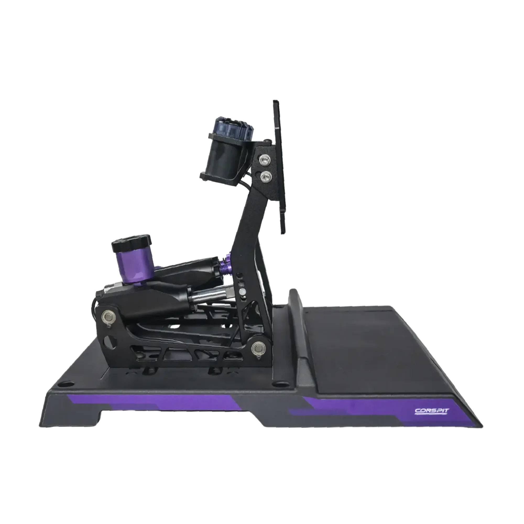 Side view of Conspit CPP LITE hydraulic pedals showing load-cell technology and hydraulic system for sim racing precision.