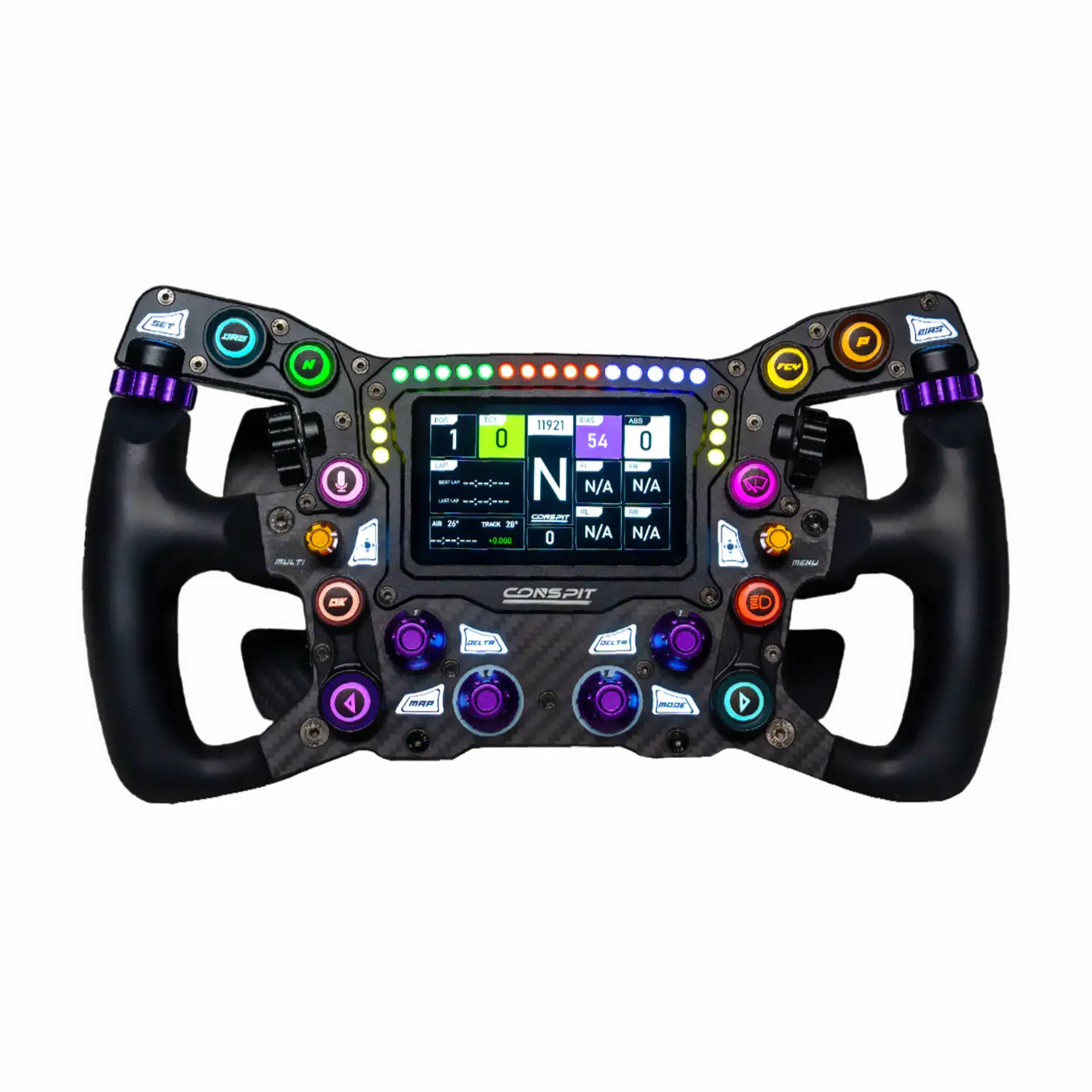 Conspit MAX 01 sim racing wheel with 4-inch display, customizable RGB lighting, and dual-clutch paddles for serious racers.