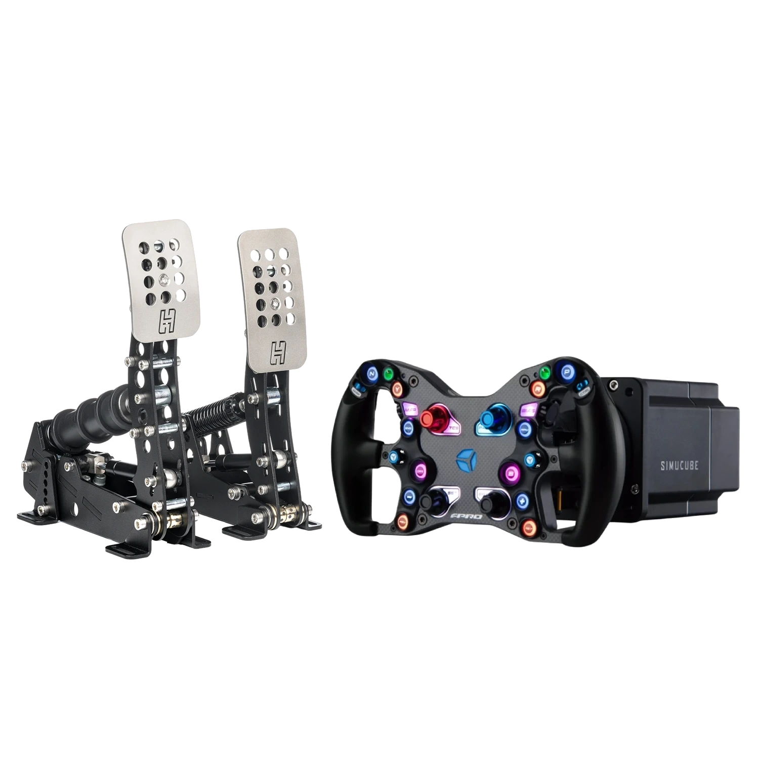 GPerformance_BUNDLE_Cube_Controls_F-Pro_steering_wheel_+_Simucube_2_Pro_Direct_Drive_Wheebase_+_Heusinkveld_Sim_Pedals_Ultimate+_black_2_Pedal_set_No_Clutch_isometric_view