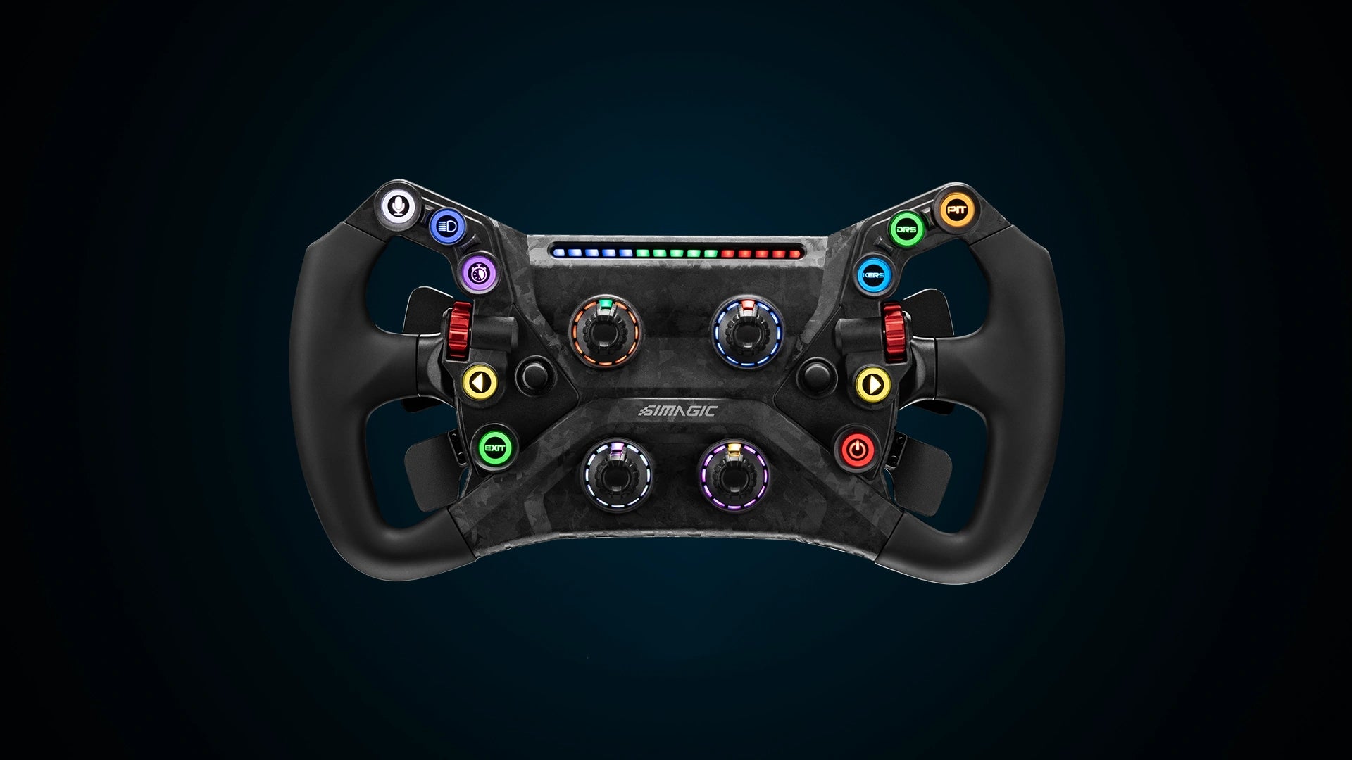 Close-up view of a high-performance racing game steering wheel with colorful control buttons on a dark background.