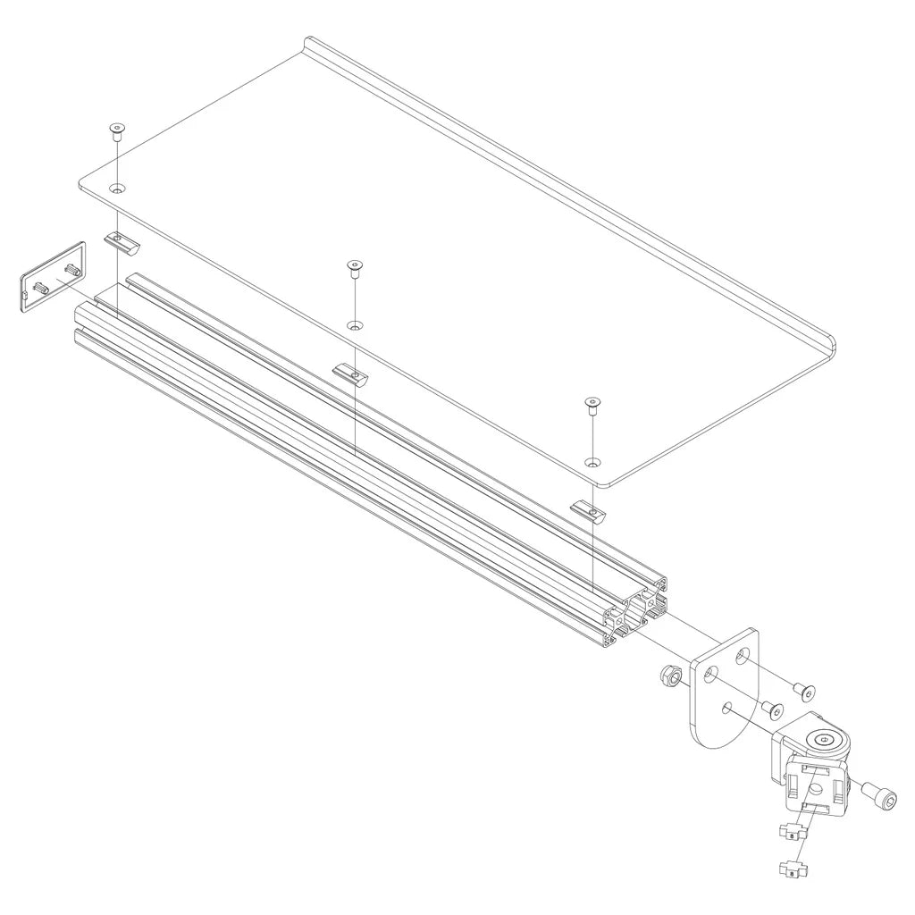 Exploded view of the Sim-Lab Keyboard tray with mounting components for profile rig, showing adjustable inclination and swivel features.