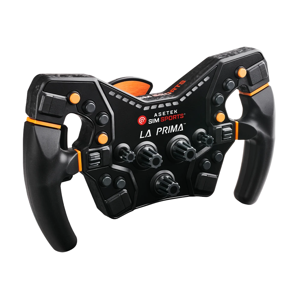 Asetek La Prima™ Formula Steering Wheel with customizable buttons and switches for high-performance racing experience.