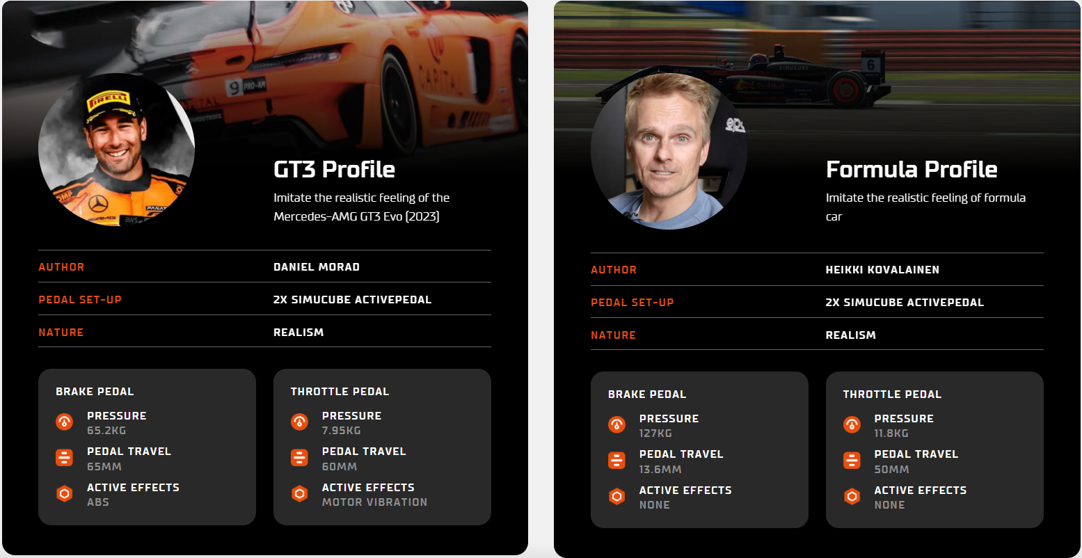 Comparison of GT3 and Formula racing profiles, featuring realistic pedal setups and effects by professional racers.