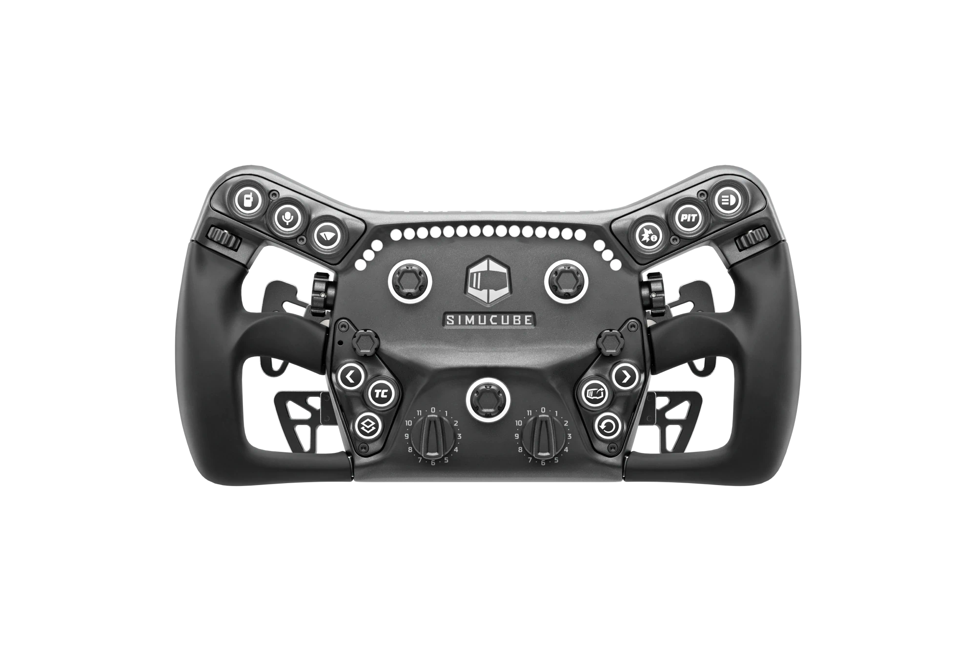 Simucube 3 Pro + Savu Pro steering wheel with metal frame, magnetic shifters, and RGB-backlit buttons for sim racing excellence.