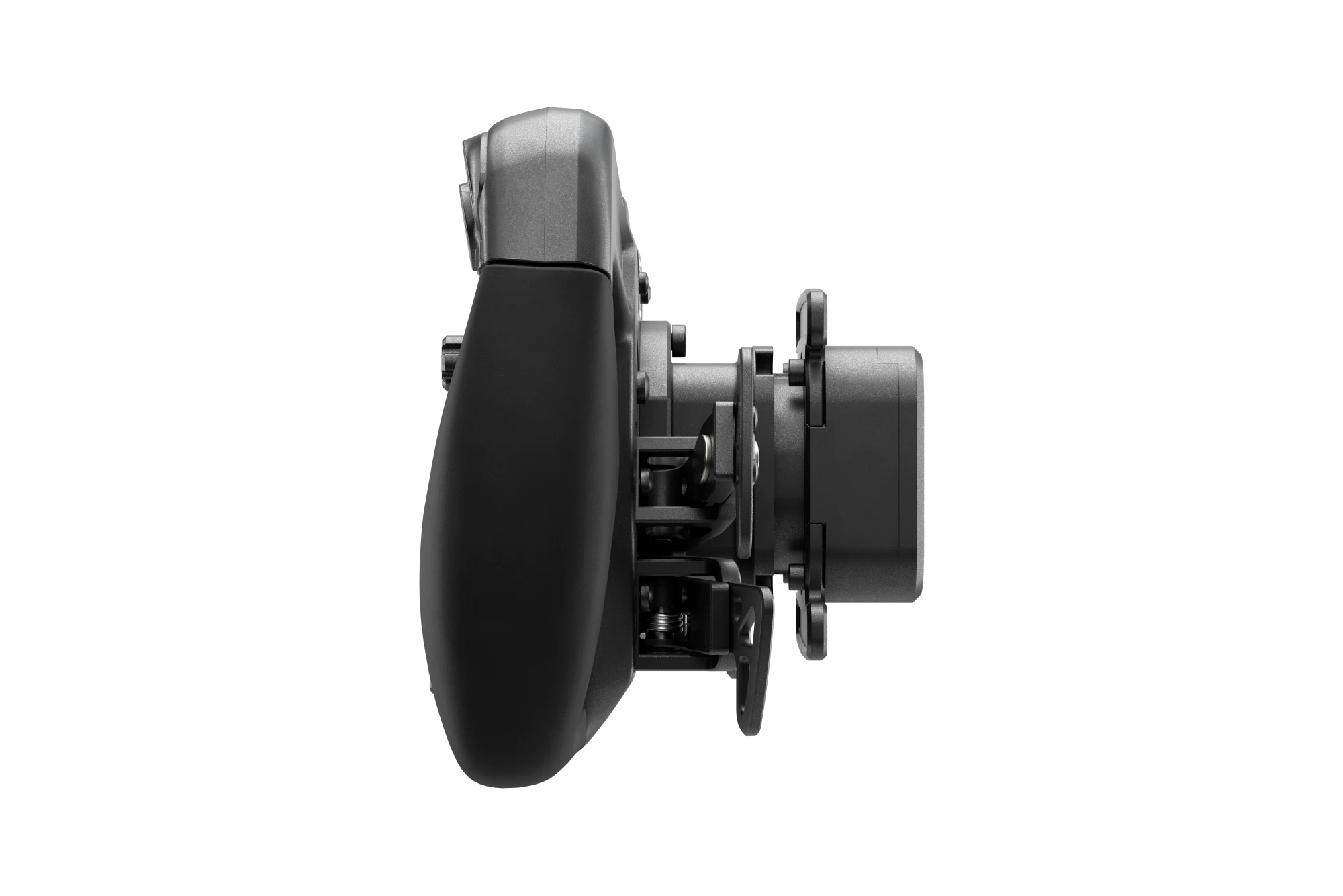 Side view of the Simucube Savu Pro GT style wheel with metal frame, featuring ergonomic design, quiet paddles, and RGB buttons.