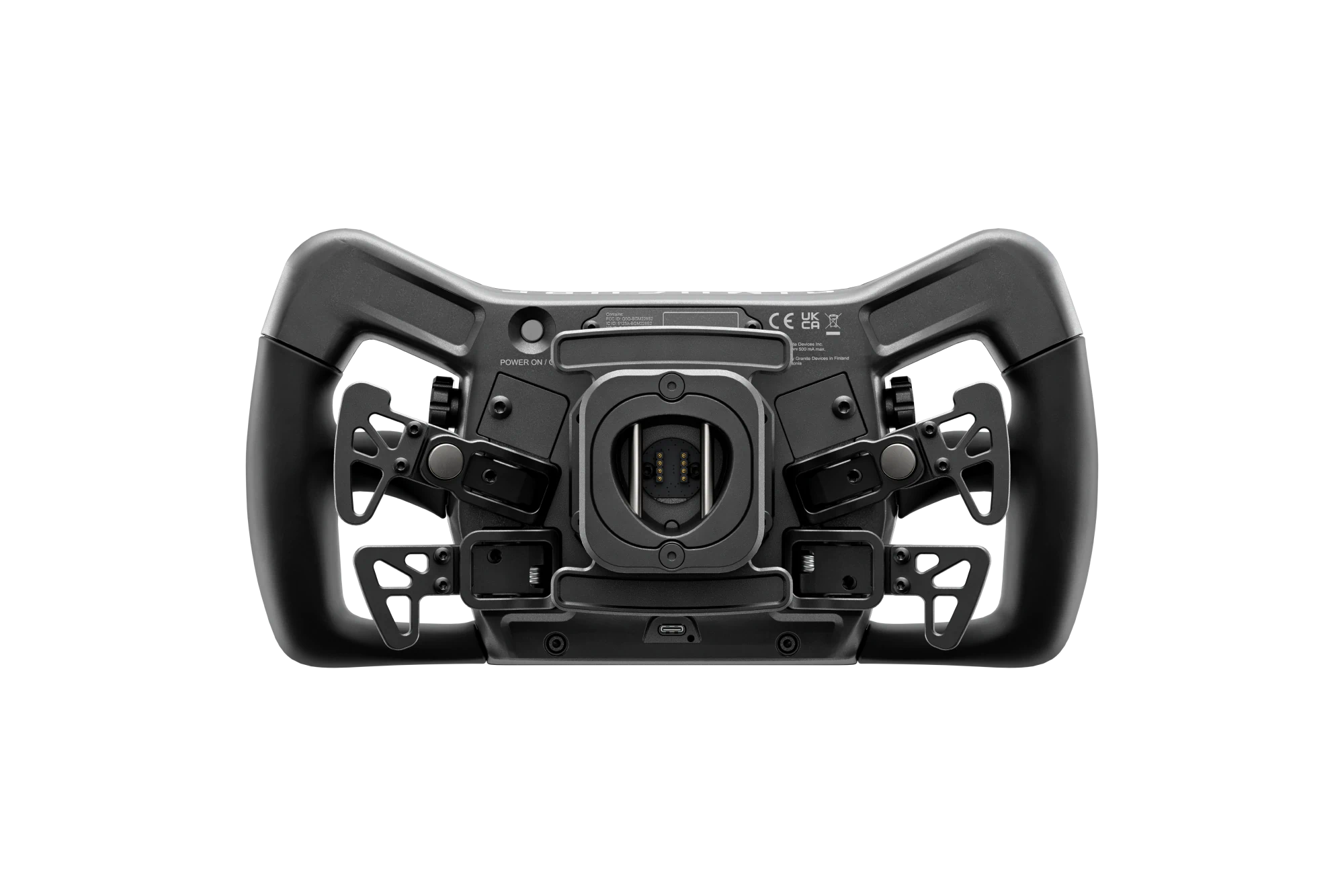 Simucube Savu Pro GT style wheel with full-metal frame, die-cast construction, ergonomic design, RGB buttons, telemetry LED, quiet paddles.