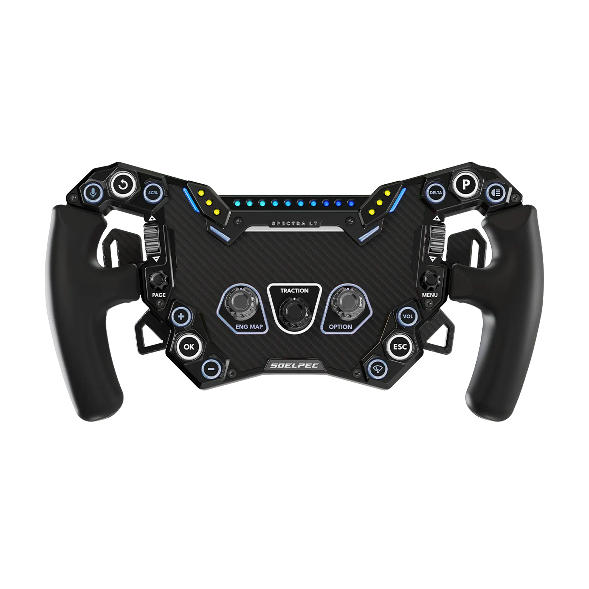 Alt Tag: SOELPEC Spectra LT 302mm formula-style sim racing steering wheel with carbon fiber center, magnetic shifters, dual clutches