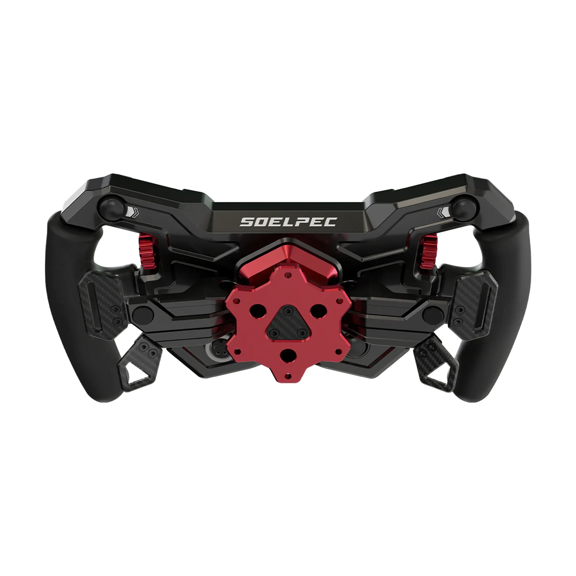 Alt Tag: SOELPEC Spectra LT 302 mm formula-style sim racing steering wheel with magnetic shifters, dual clutches, 17 buttons