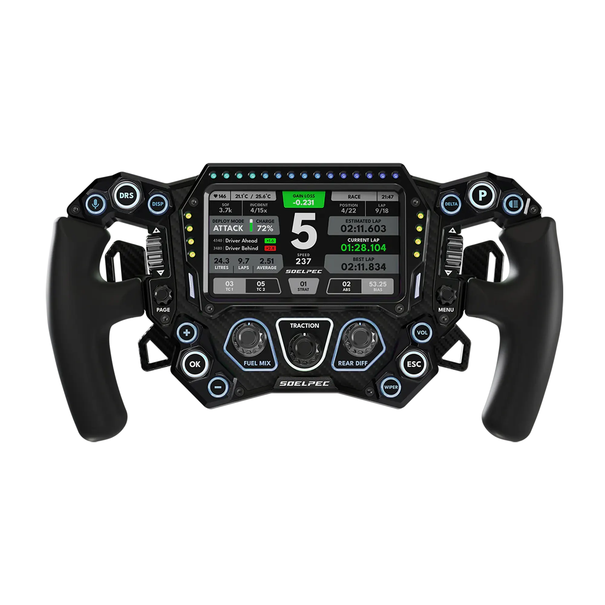 SOELPEC Spectra XR sim racing steering wheel with 5-inch touchscreen display, telemetry LEDs, 17 buttons and carbon-aluminum construction