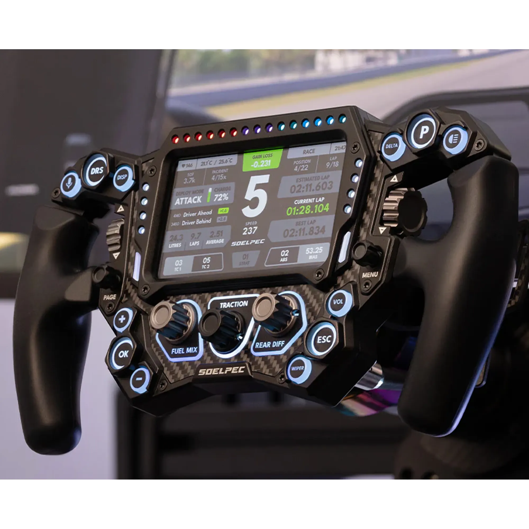 SOELPEC Spectra XR 302mm sim racing steering wheel with 5-inch touchscreen display, LED telemetry lights and carbon fiber faceplate
