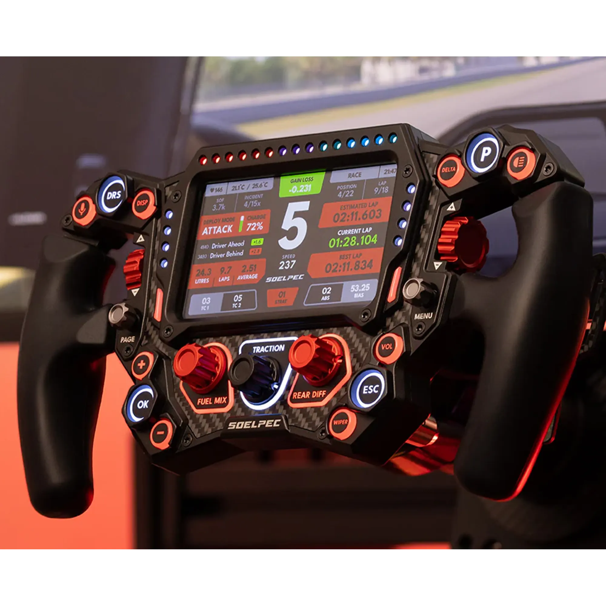 Alt Tag: SOELPEC Spectra XR 302mm sim racing steering wheel with 5-inch touchscreen display, buttons, switches, encoders and telemetry LEDs