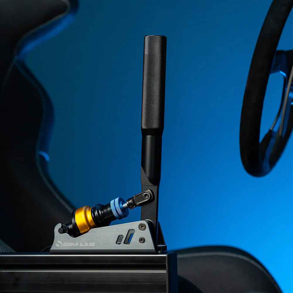 Close-up of Sim-Lab XB1 Loadcell Handbrake, designed for precision in driving simulations and enhancing control over drifts and turns.