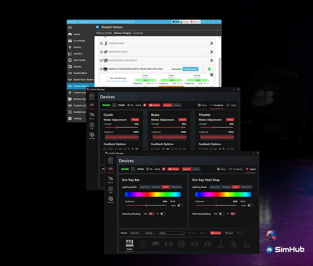 SimHub software interface showing device controls and feedback options for racing simulations.