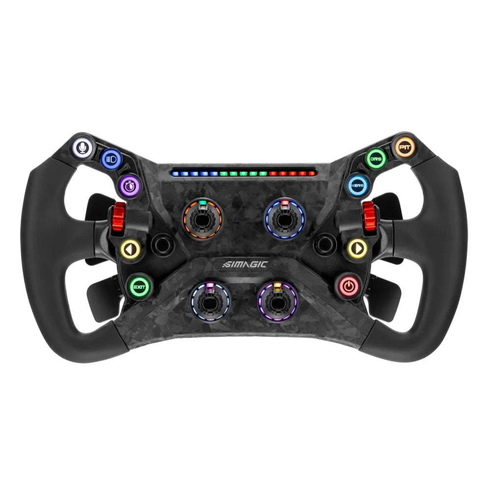 Simagic Alpha EVO Sport + Simagic GT Neo racing wheel with magnetic shifters and encoders, ideal for sim racing enthusiasts.