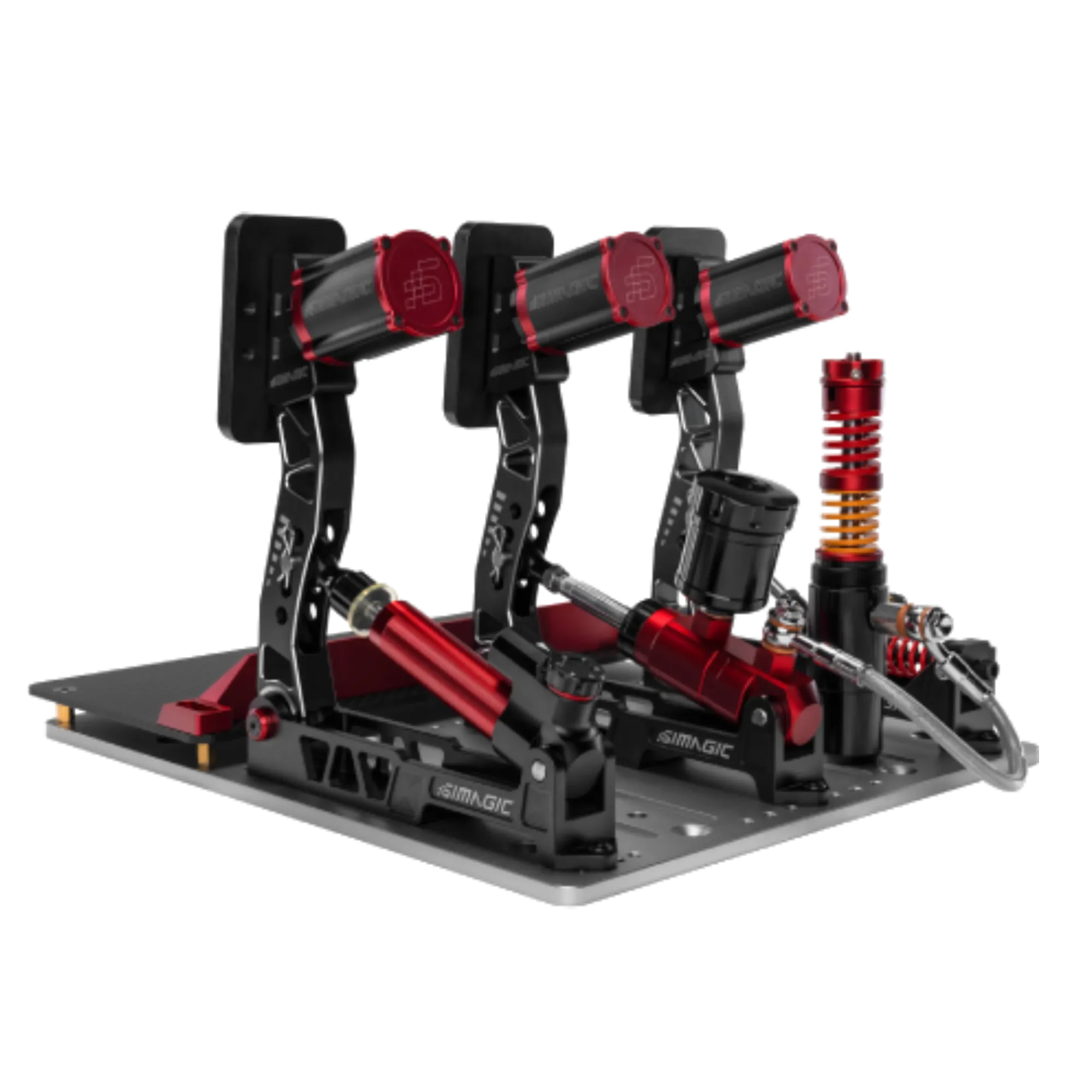 Simagic Haptic Bracket for P2000 mounted on pedal set showcasing immersive racing feedback system.