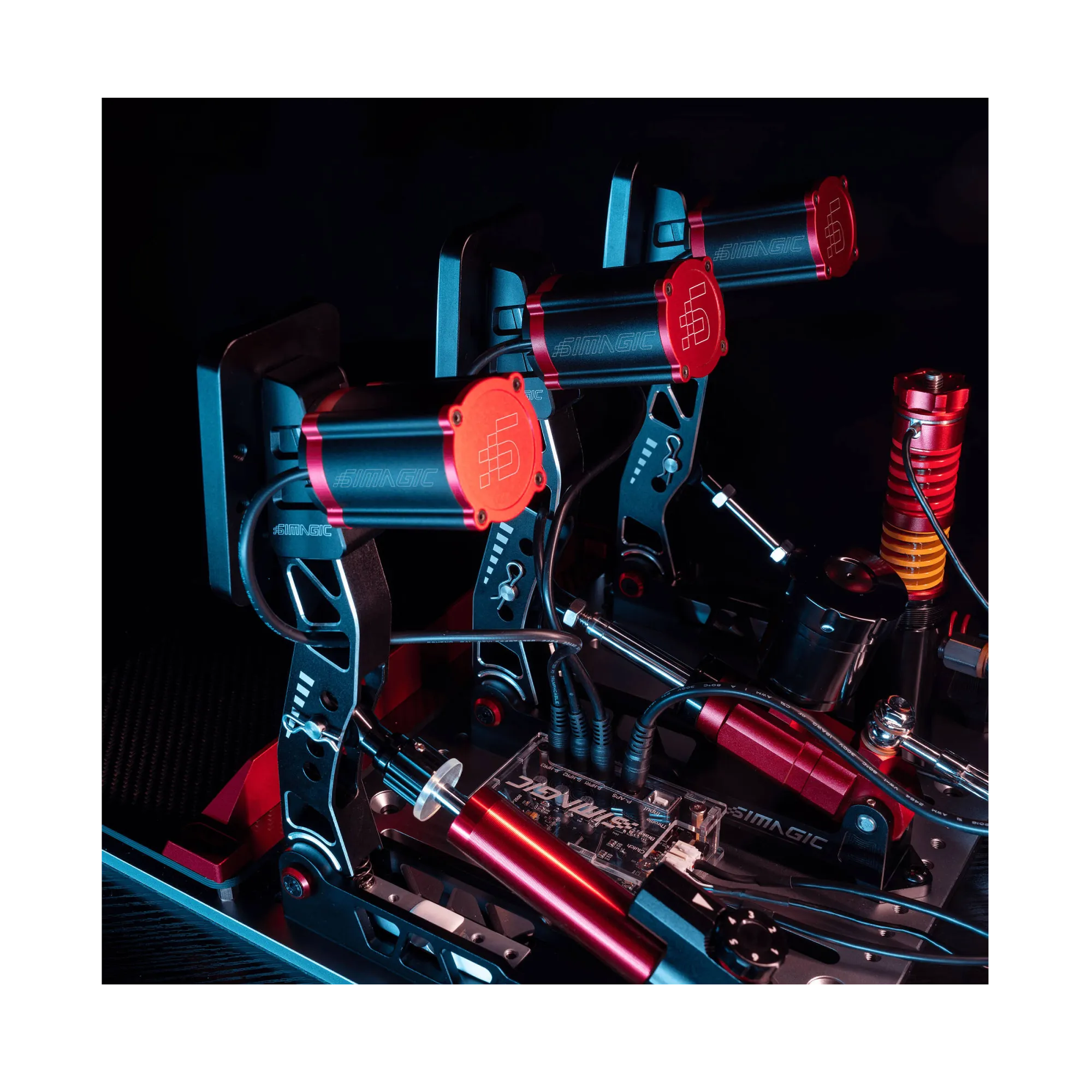 Simagic Haptic Bracket for P2000 with mounted haptic modules on racing pedal set, showcasing immersive feedback system.