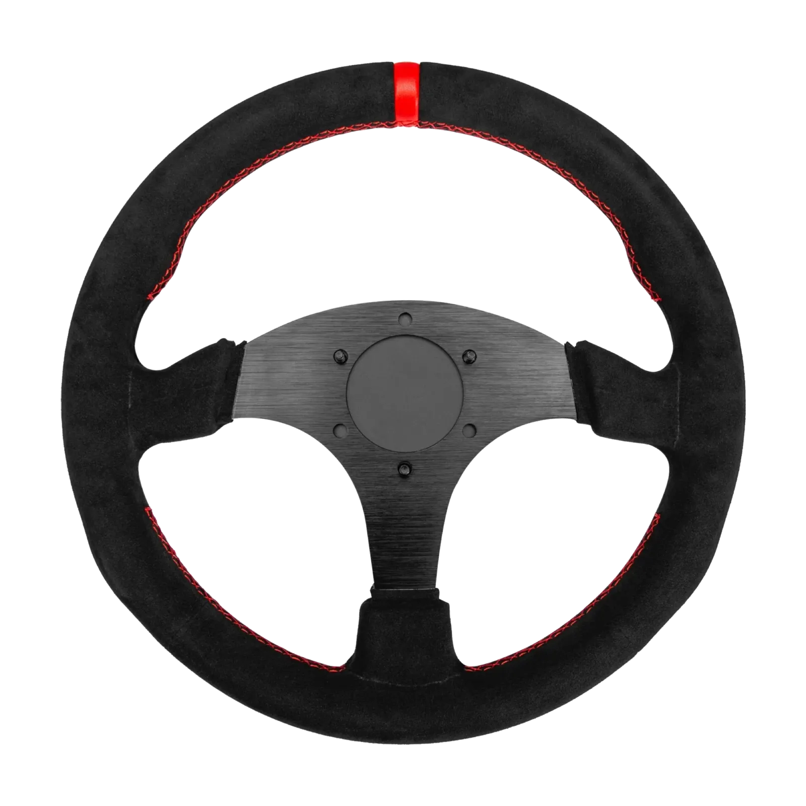 Simagic P-330R Alcantara sim racing wheel with black CNC aluminum body and red Alcantara grip, 330mm diameter for realistic feel.