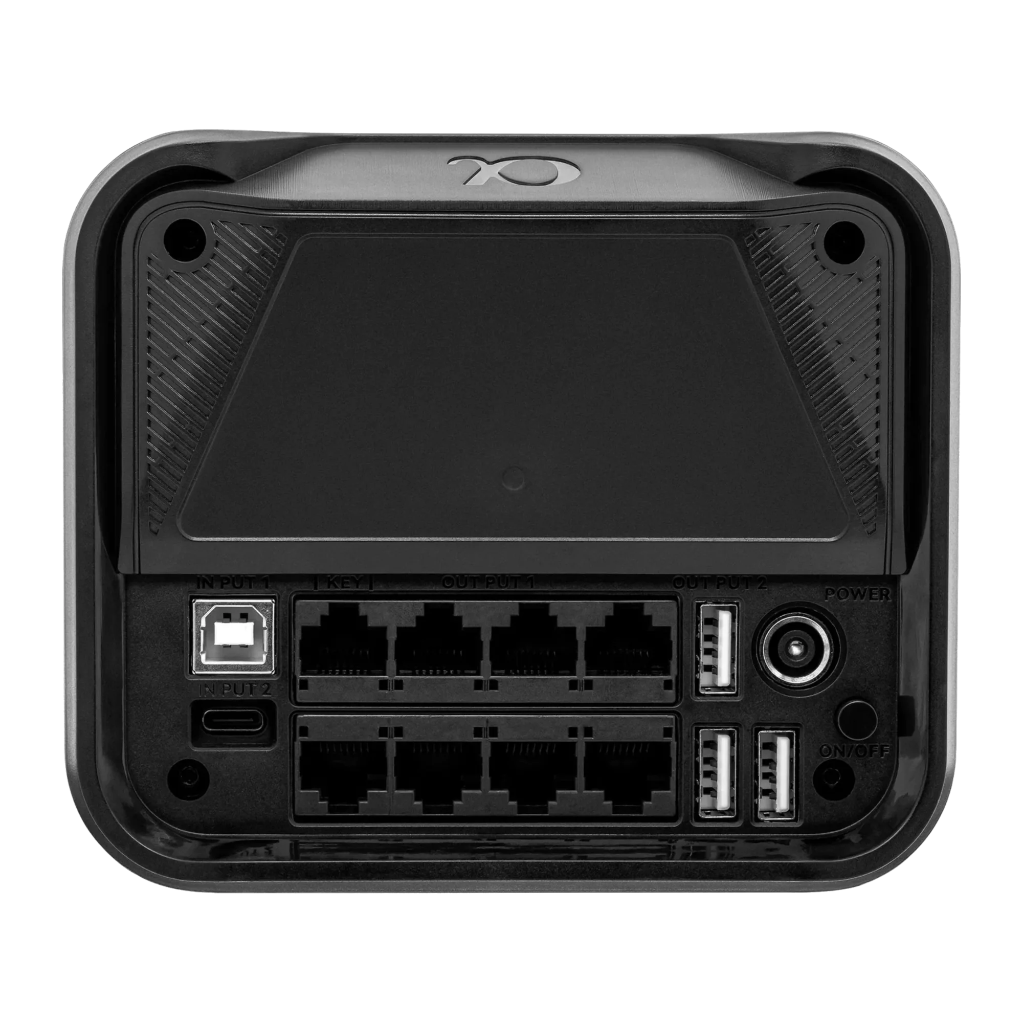 Rear view of black electronic device with multiple ports and power button, showcasing connectivity options for advanced technology use.