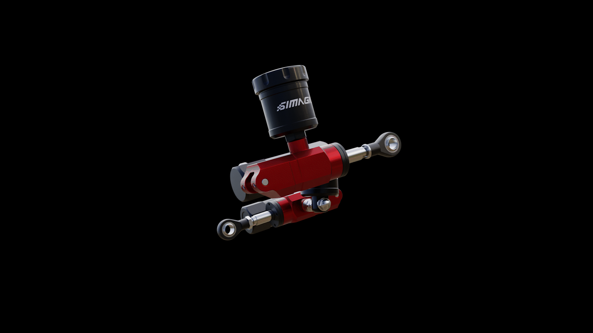 High-performance red hydraulic component with black cap, showcased on a black background.