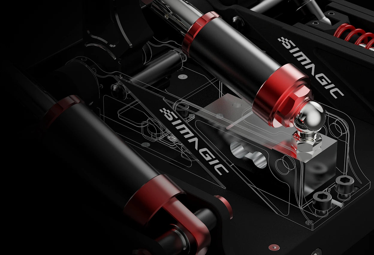 Close-up of Simagic racing simulator components with red and black design, showcasing mechanical precision and engineering.