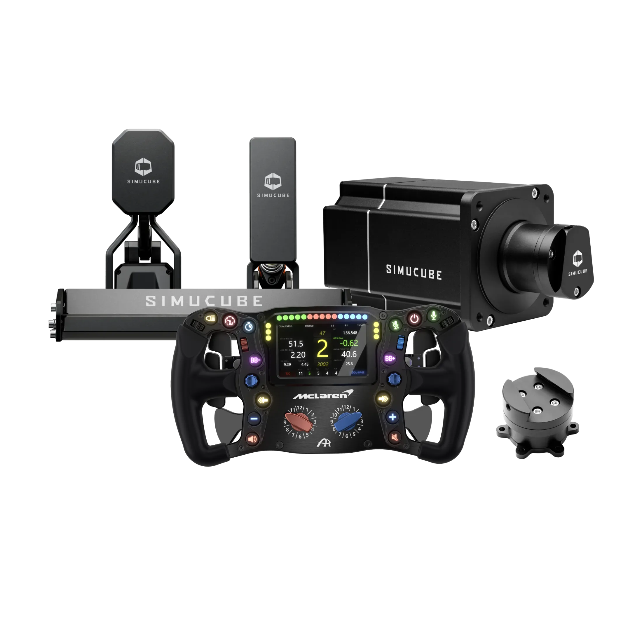 Simucube 2 Pro + AR McLaren Artura Ultimate + ActivePedal Pro racing simulator kit with accessories displayed.