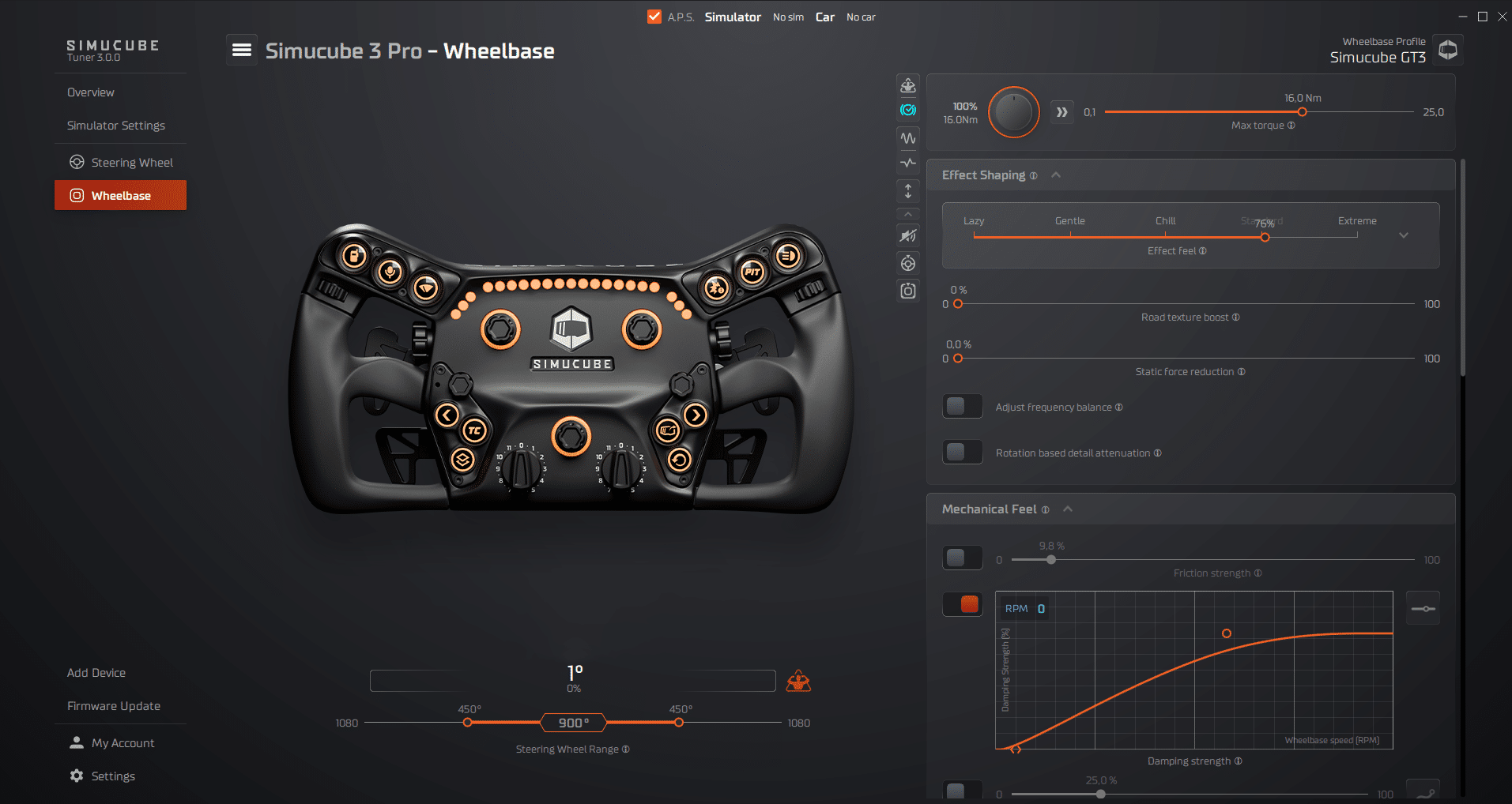 Simucube 3 Pro wheelbase interface showcasing settings for effect shaping and mechanical feel adjustments.