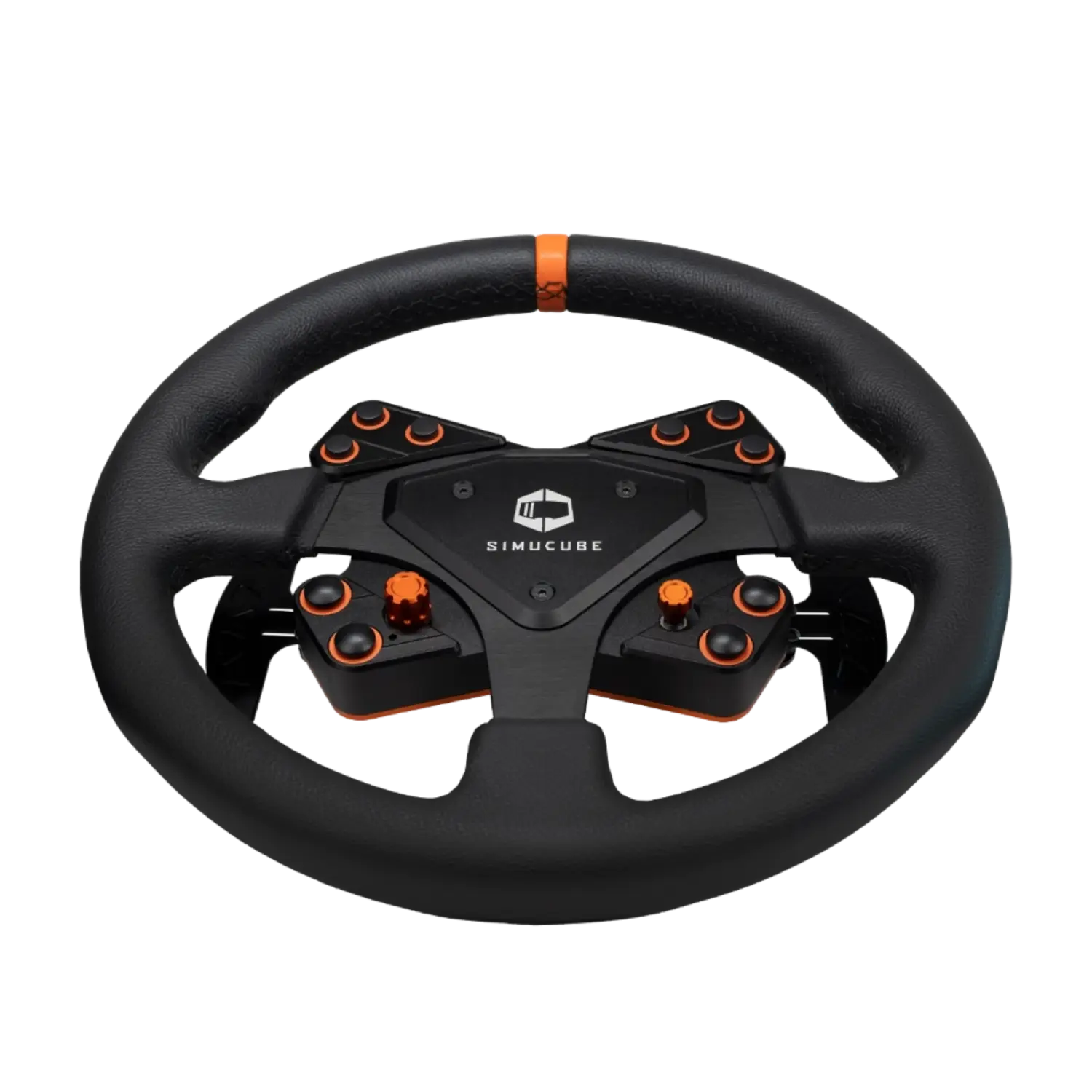 Simucube Tahko Round Black Edition steering wheel with premium leather grip and intuitively placed buttons for rally and drifting.