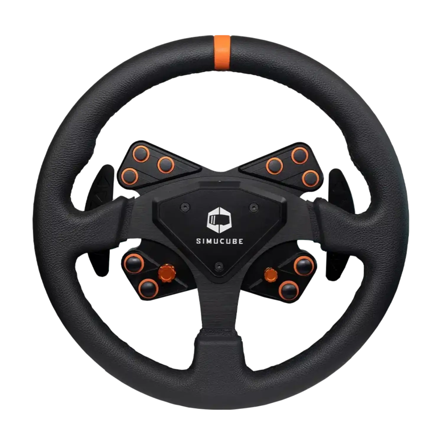 Simucube Tahko Round Black Edition steering wheel for sim racing, featuring premium leather grip, intuitive buttons, and quiet shifters.