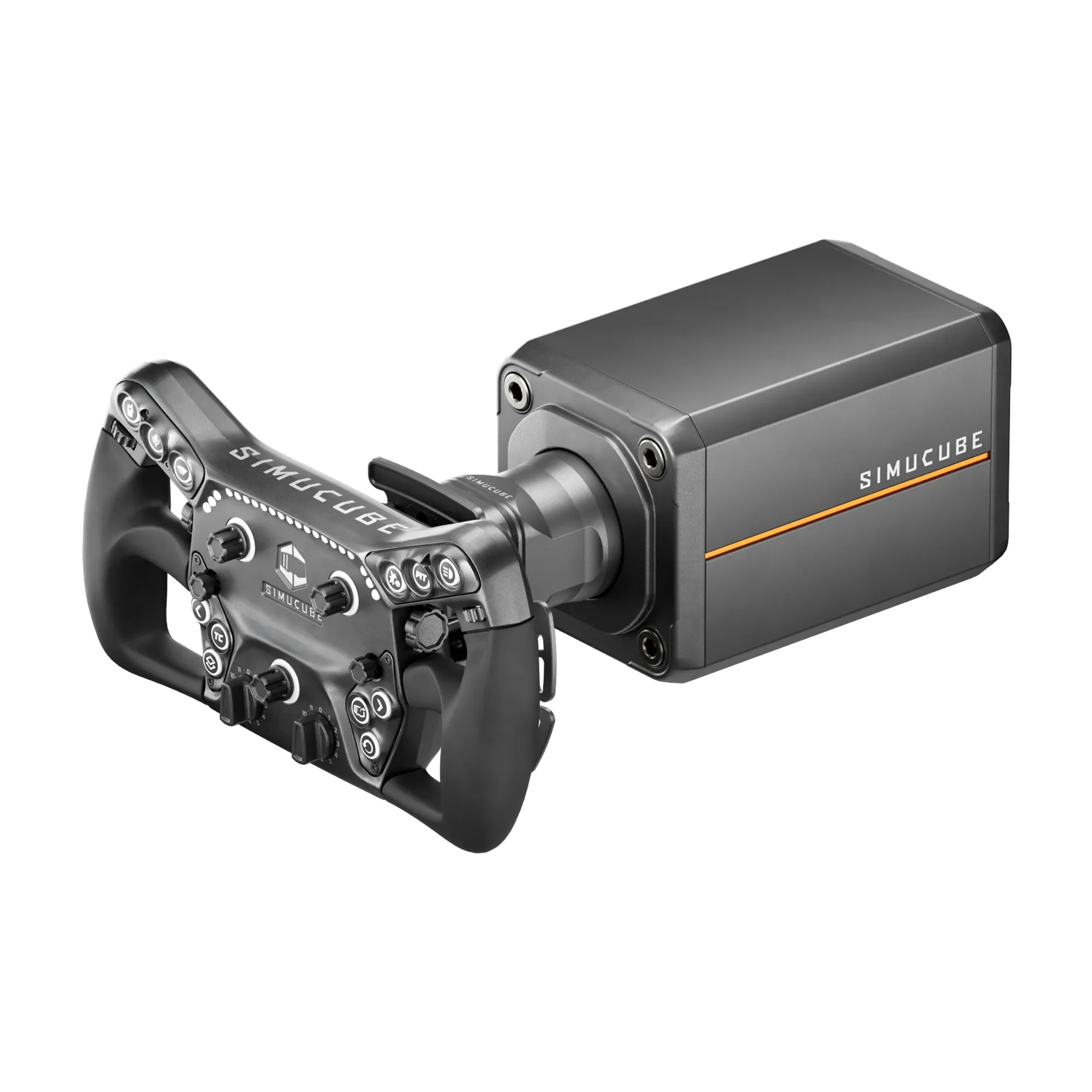 Simucube 3 Pro + Savu Pro sim racing bundle with GT style wheel, featuring durable metal frame and RGB-backlit buttons.