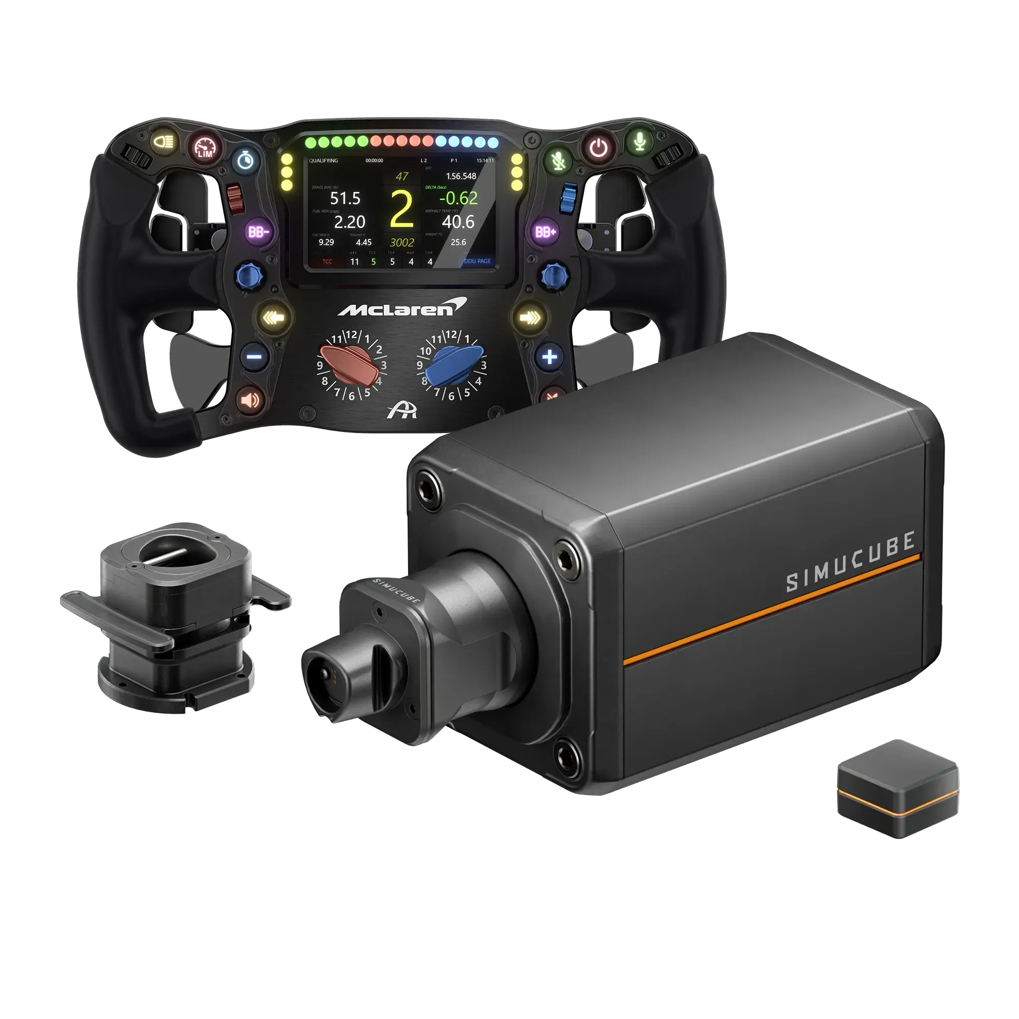 Simucube 3 Pro + Ascher Racing McLaren Artura Ultimate USB and accessories displayed.