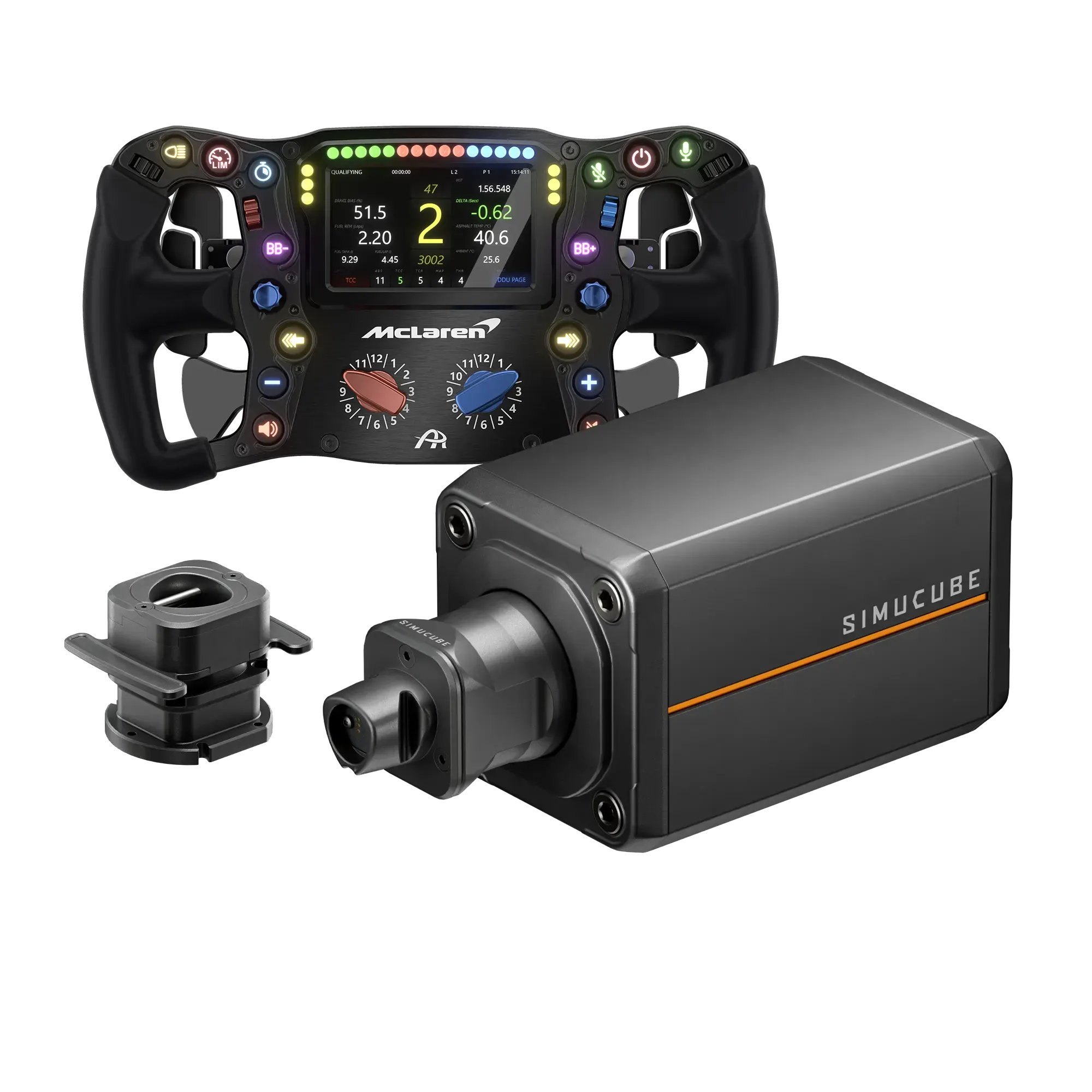 Simucube 3 Pro + Ascher Racing McLaren Artura Ultimate USB sim racing bundle with wheel and quick release adapter.