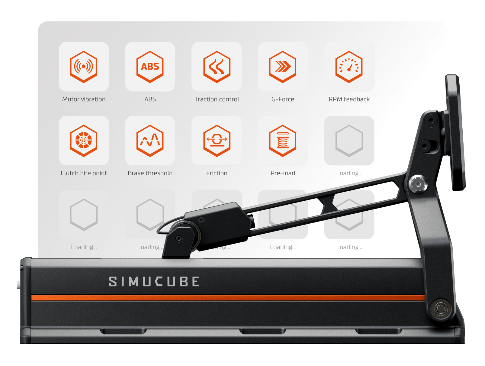Simucube racing simulator control panel with settings icons for motor vibration, ABS, traction control, and more features.